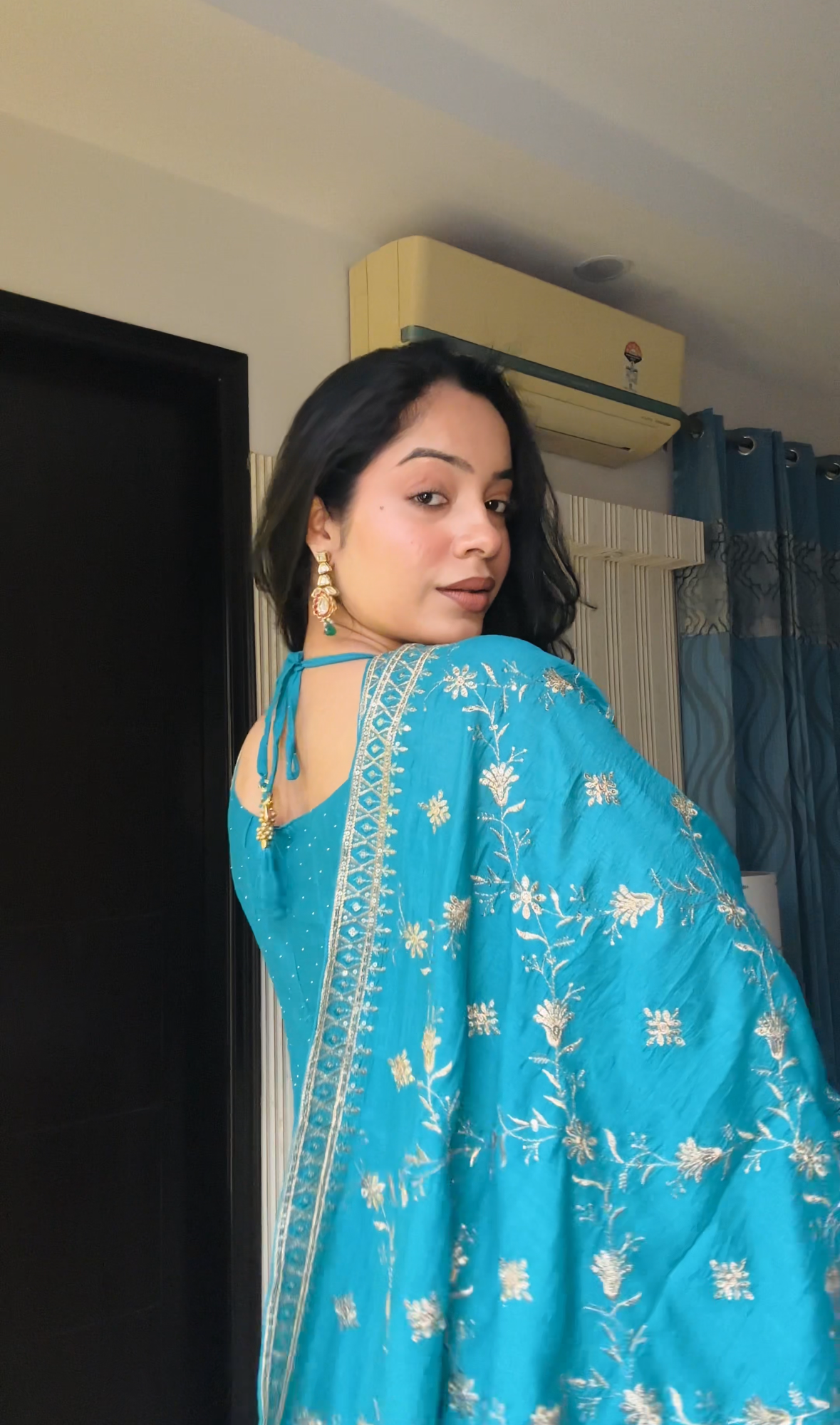 Peacock Blue Embroidered Silk Anarkali Kurta With Dupatta Set