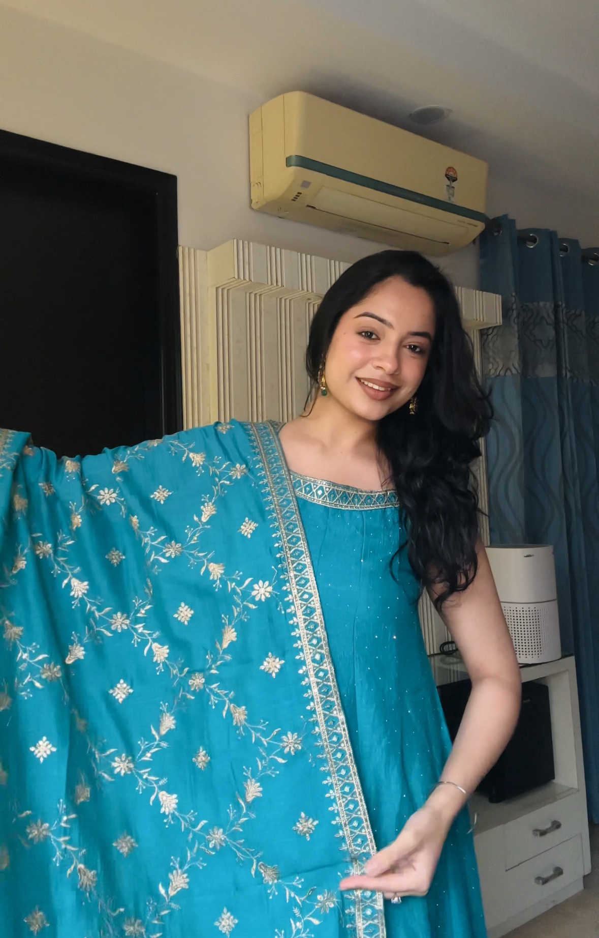 Peacock Blue Embroidered Silk Anarkali Kurta With Dupatta Set