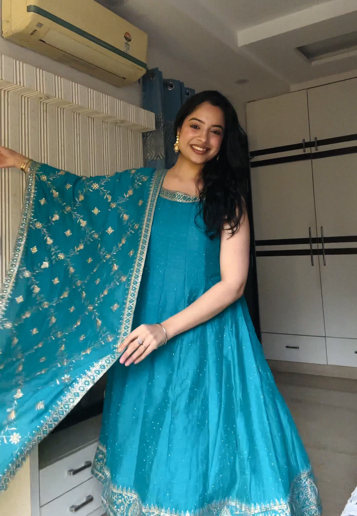 Peacock Blue Embroidered Silk Anarkali Kurta With Dupatta Set