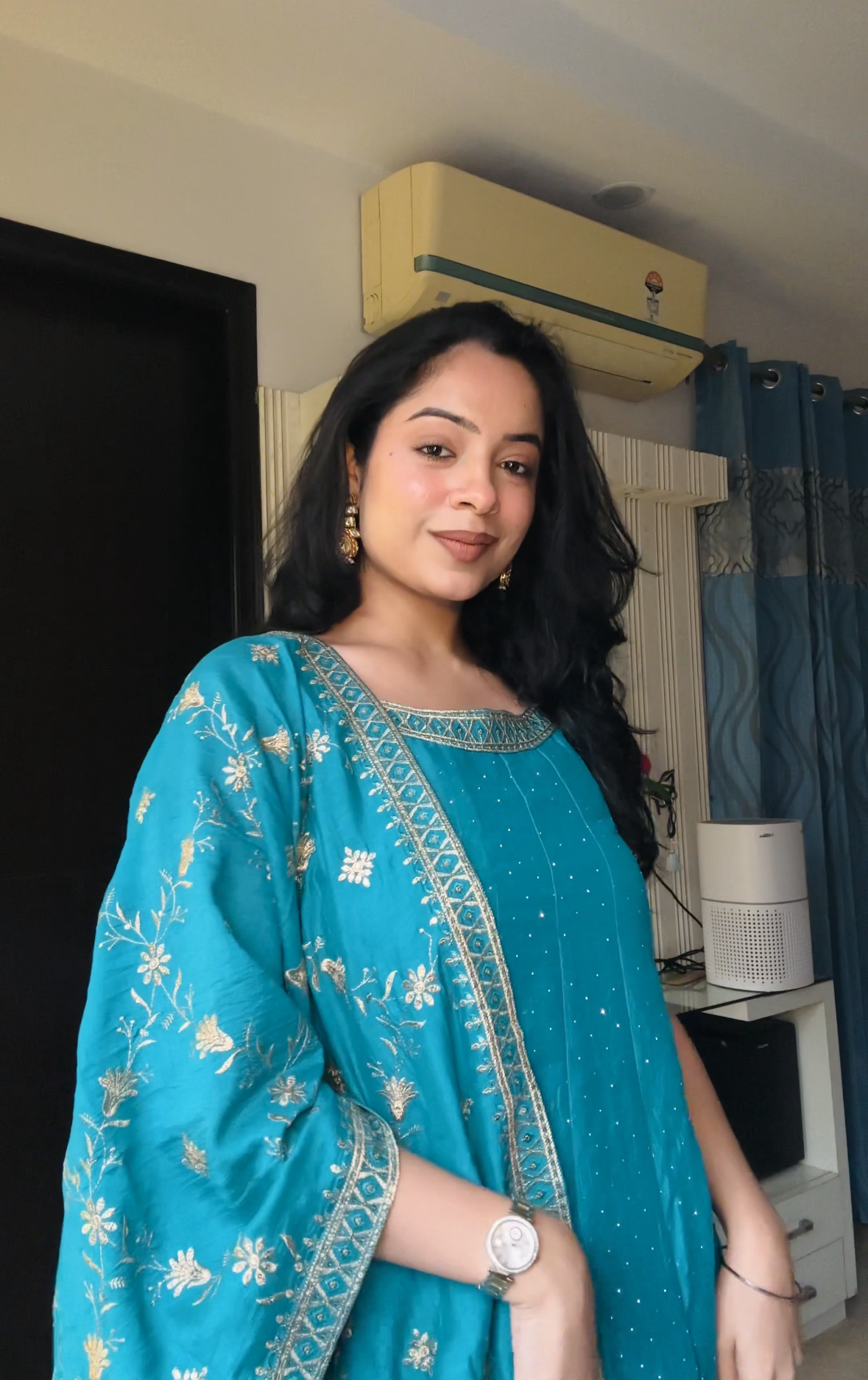 Peacock Blue Embroidered Silk Anarkali Kurta With Dupatta Set