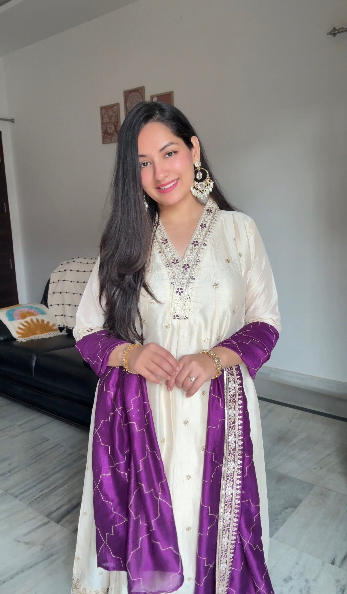 Beige Embroidered Silk Anarkali Kurta With Violet Dupatta Set