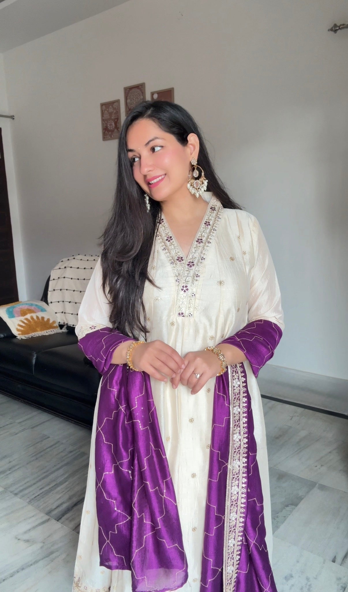 Beige Embroidered Silk Anarkali Kurta With Violet Dupatta Set