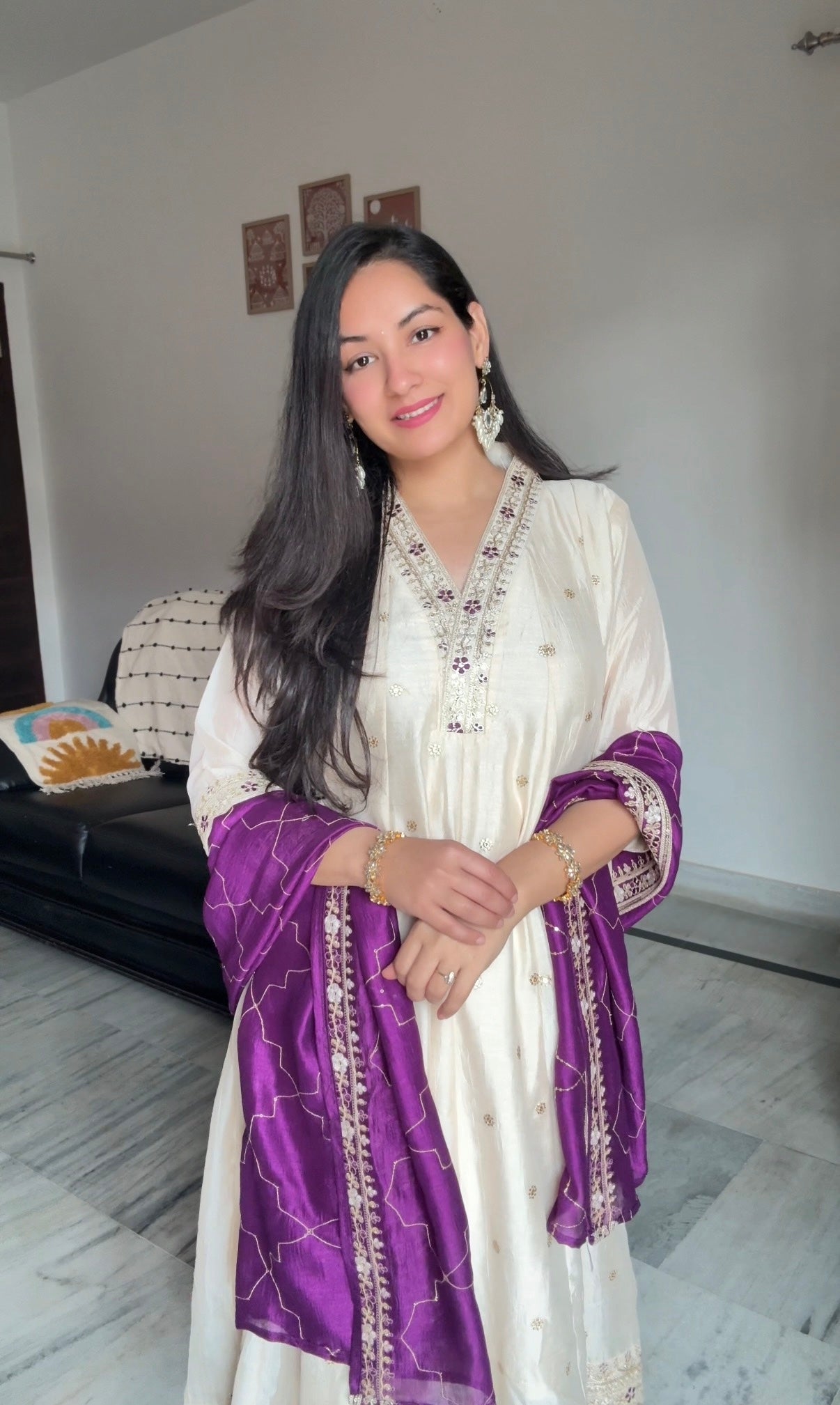 Beige Embroidered Silk Anarkali Kurta With Violet Dupatta Set