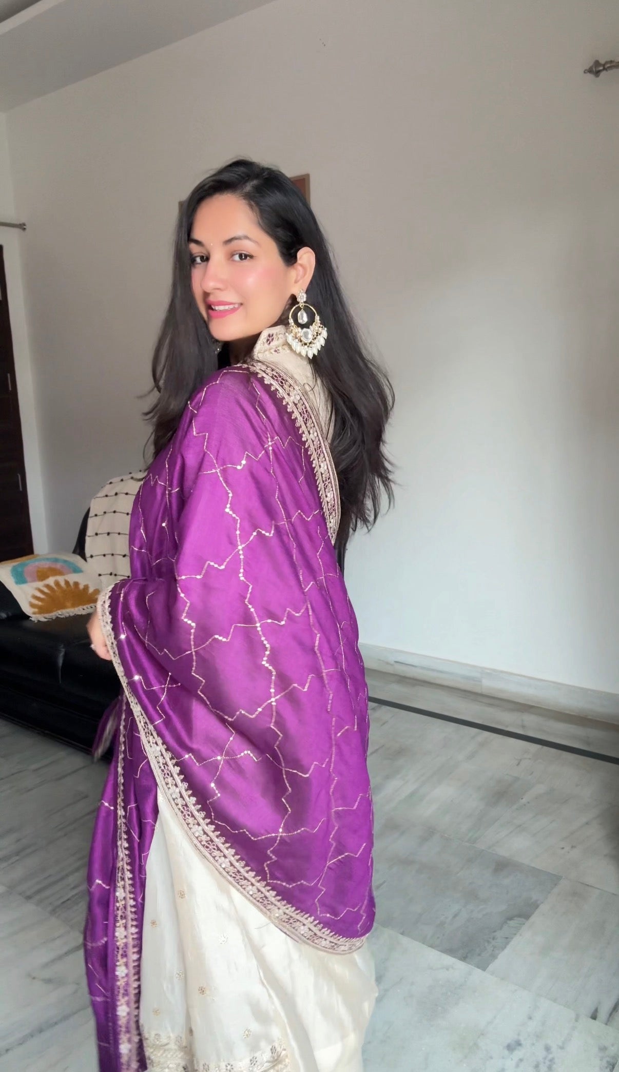 Beige Embroidered Silk Anarkali Kurta With Violet Dupatta Set