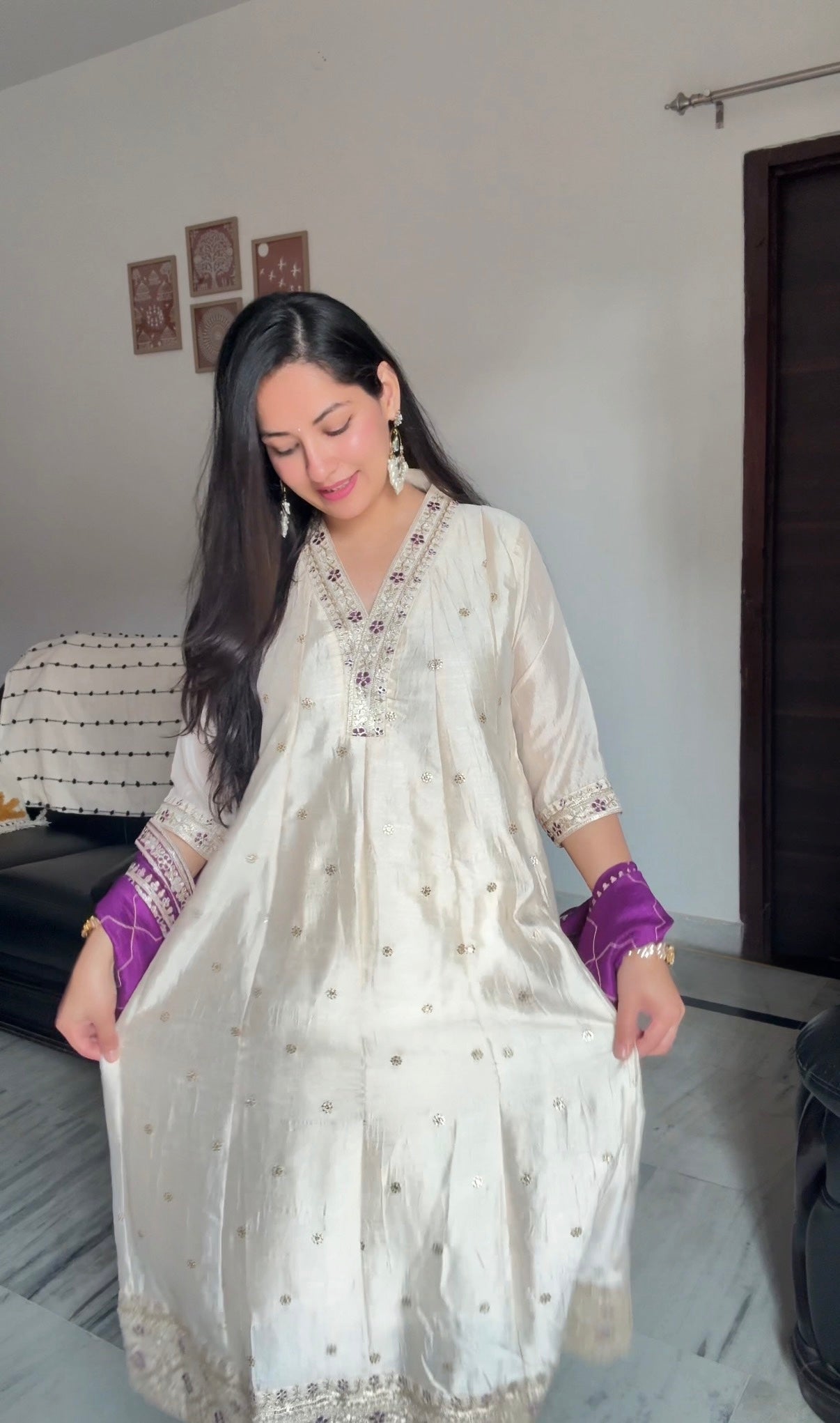 Beige Embroidered Silk Anarkali Kurta With Violet Dupatta Set