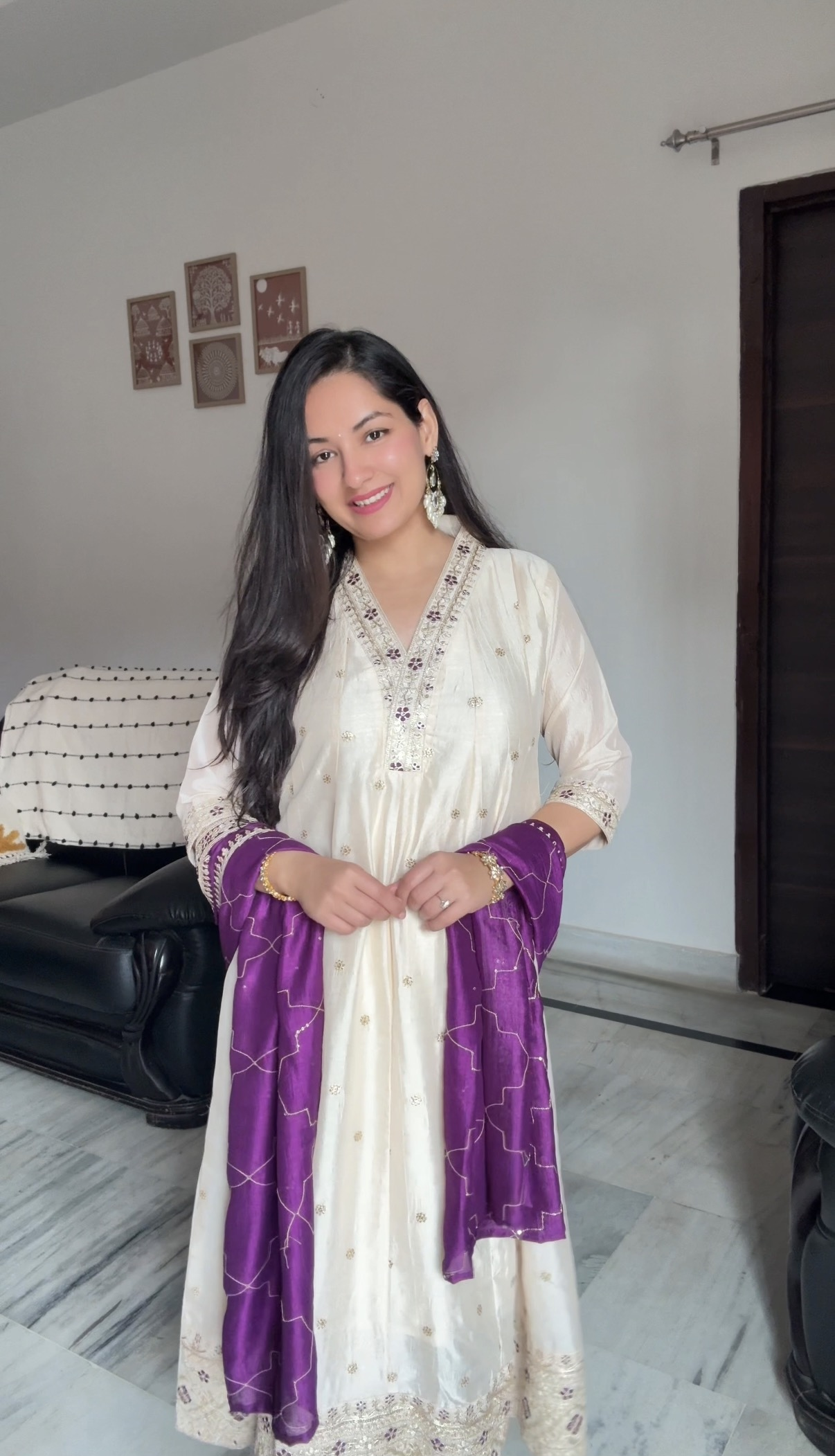 Beige Embroidered Silk Anarkali Kurta With Violet Dupatta Set