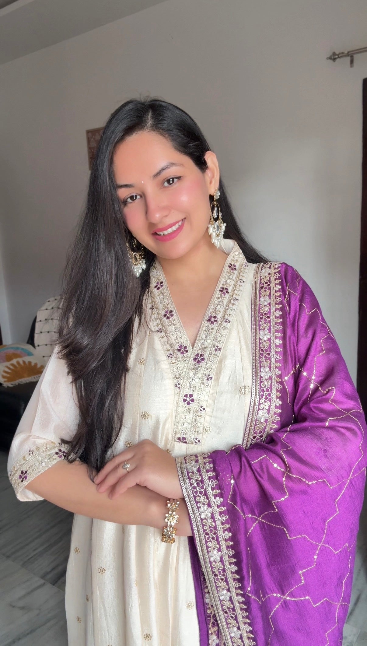 Beige Embroidered Silk Anarkali Kurta With Violet Dupatta Set