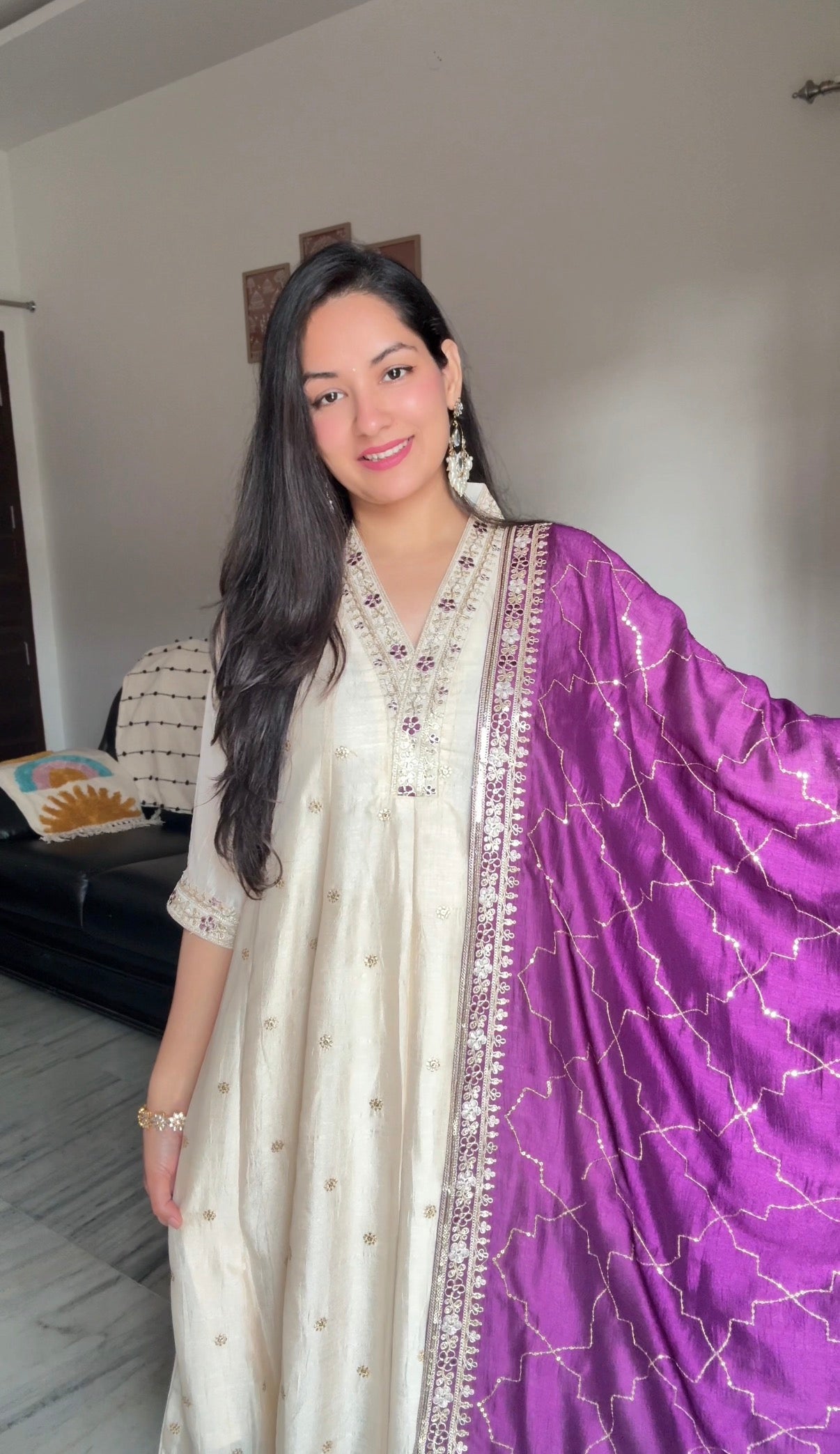 Beige Embroidered Silk Anarkali Kurta With Violet Dupatta Set