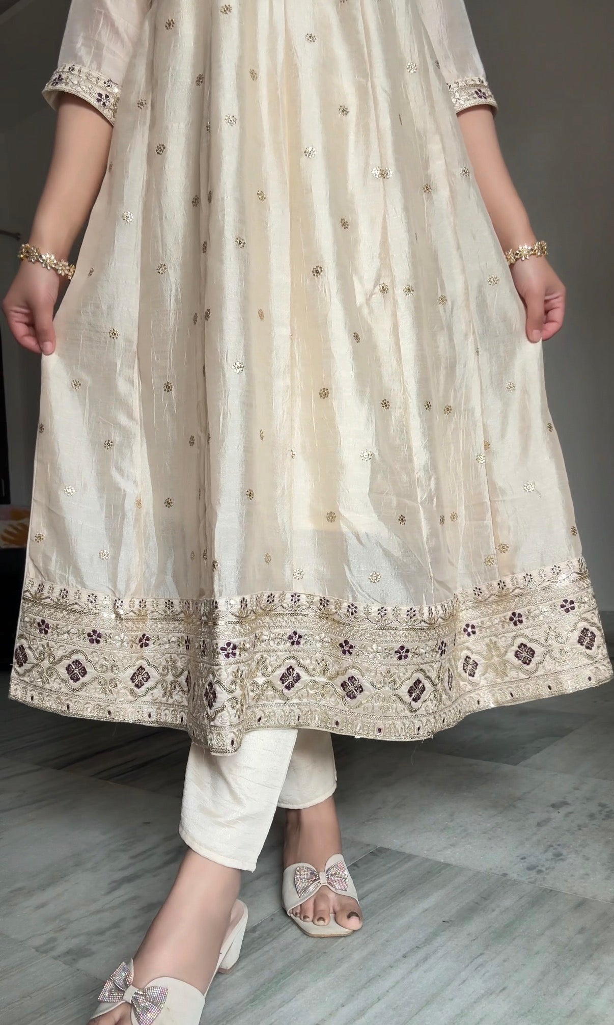 Beige Embroidered Silk Anarkali Kurta With Violet Dupatta Set