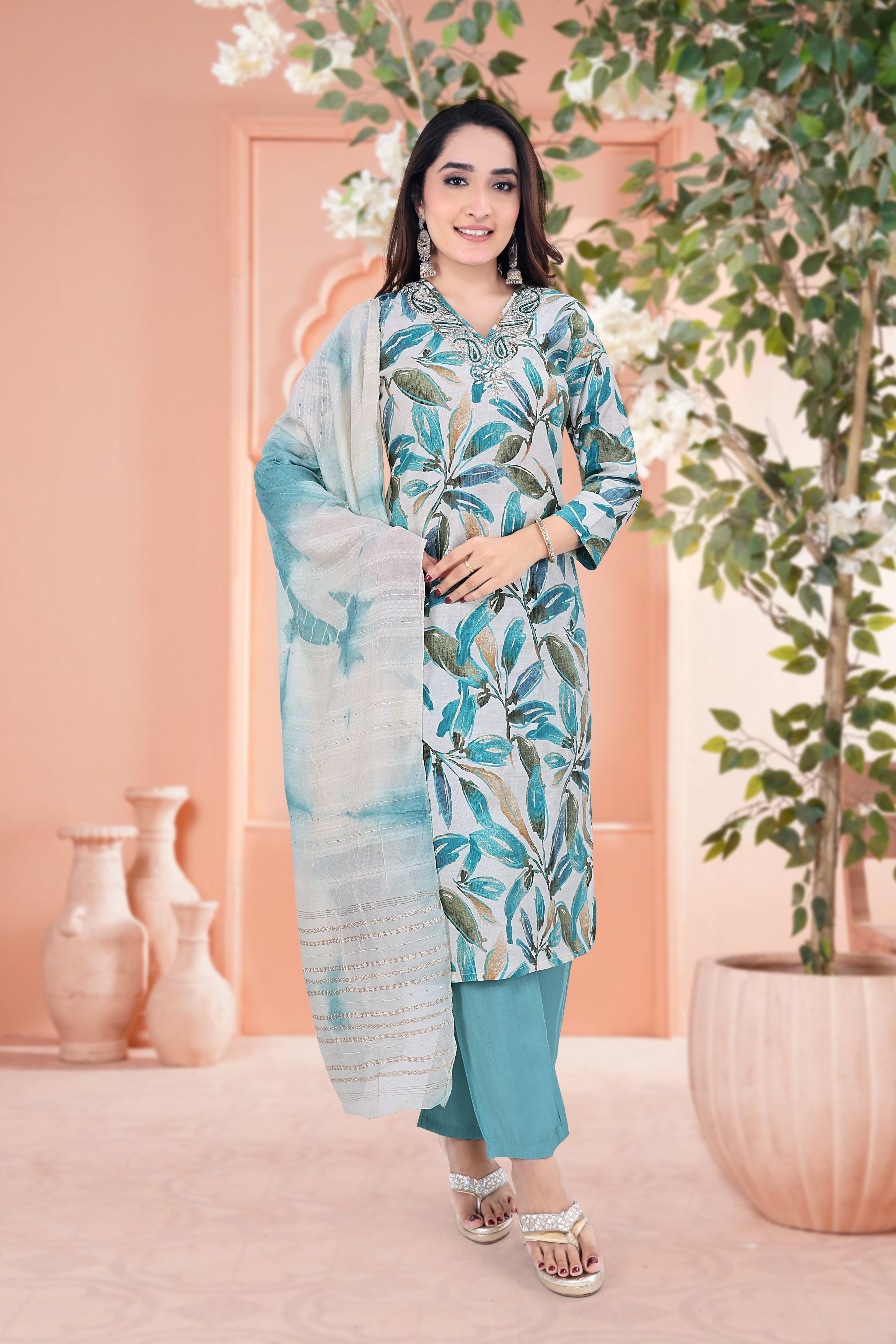 Whitish Blend Straight Suits With Dupatta