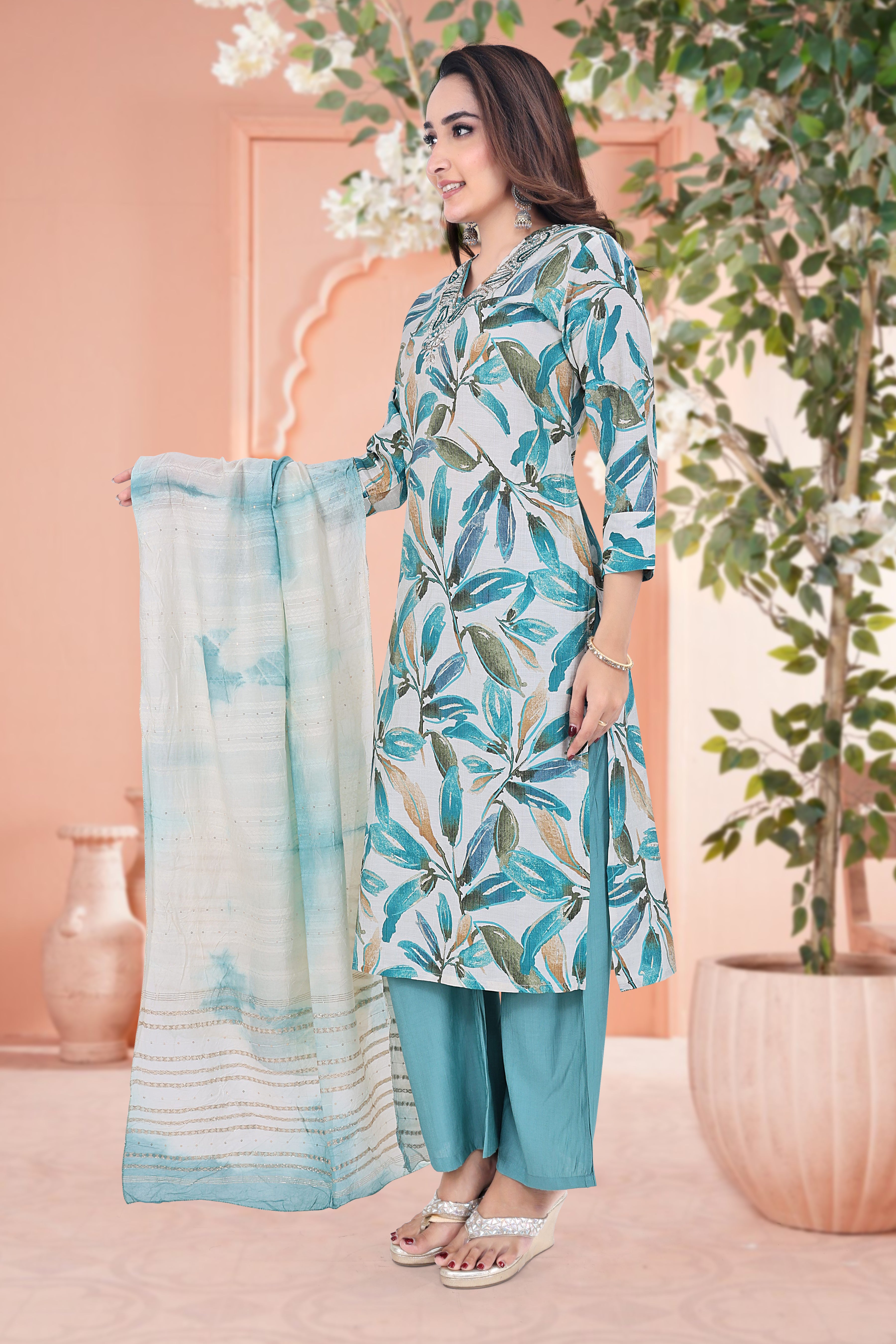Whitish Blend Straight Suits With Dupatta