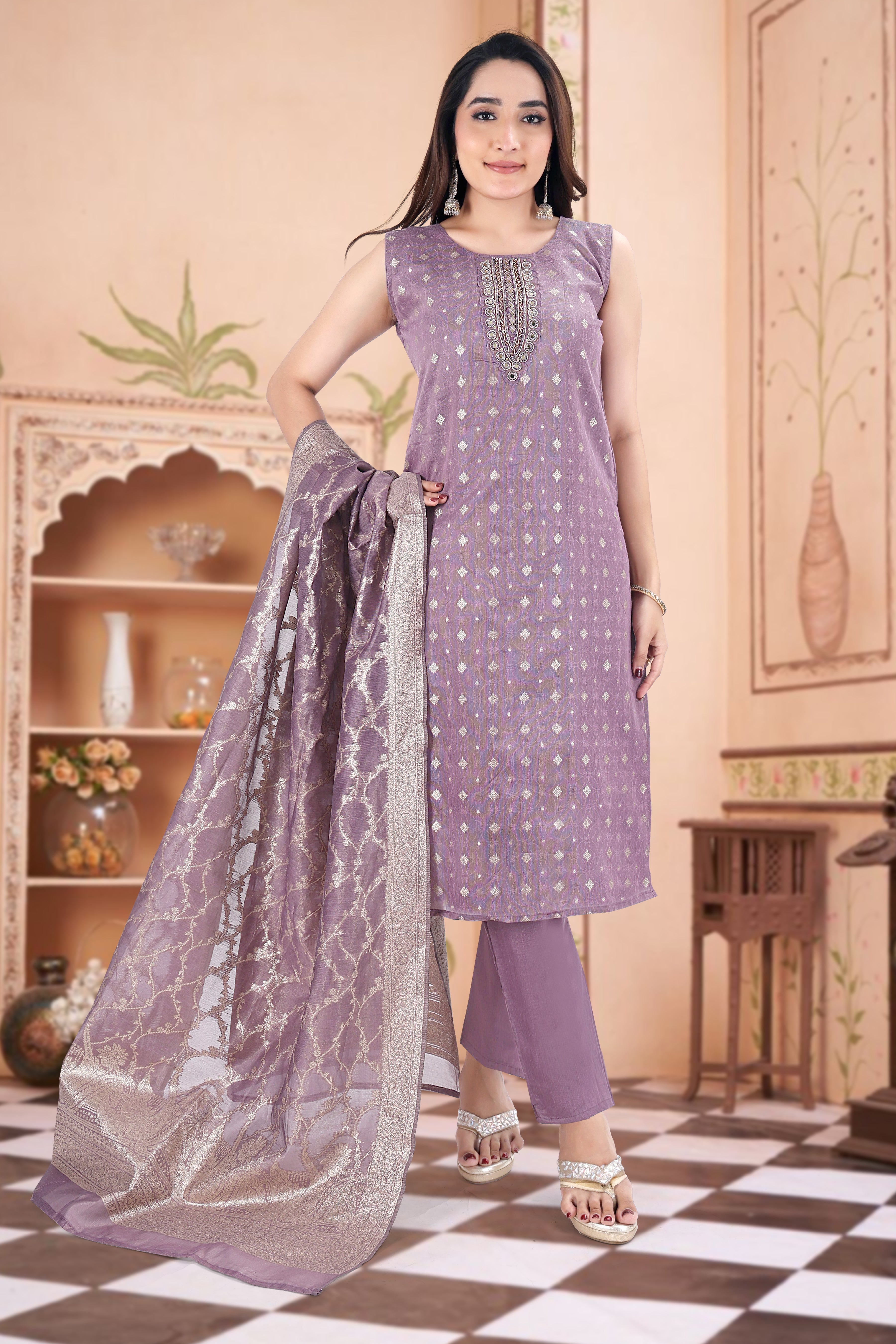 Lavendar Embroidered Silk Blend Straight Suit With Dupatta