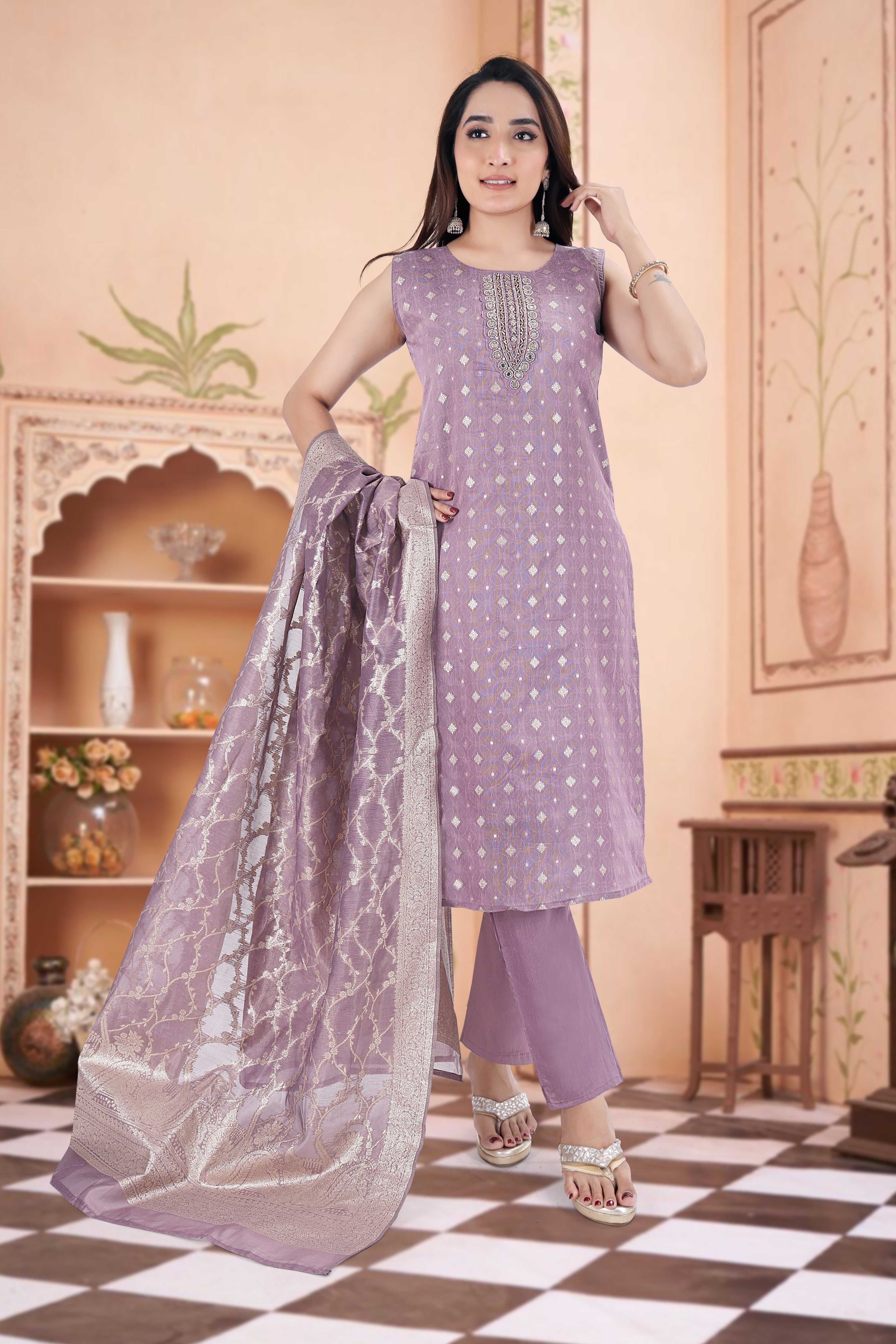 Lavendar Embroidered Silk Blend Straight Suit With Dupatta