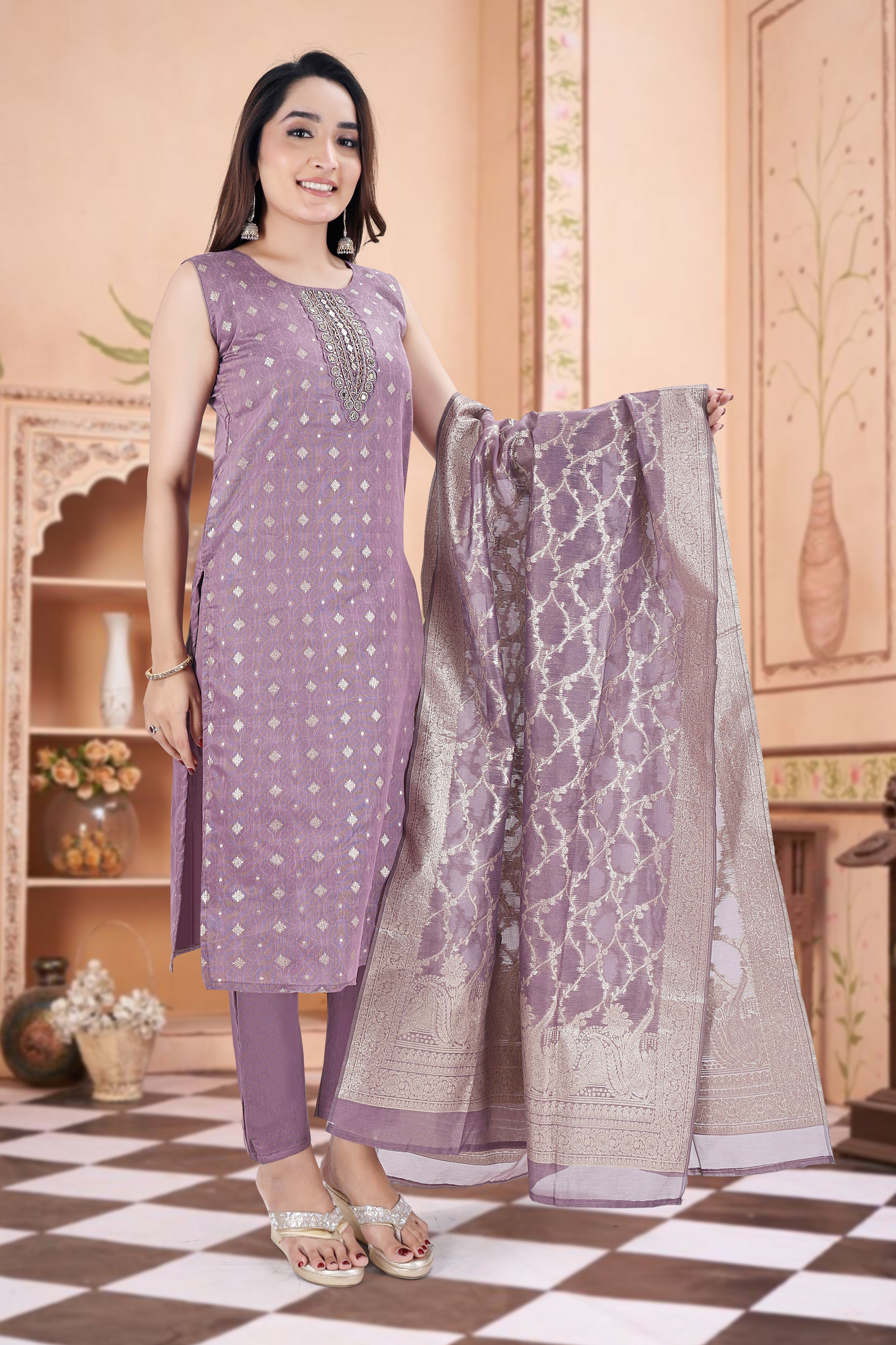 Lavendar Embroidered Silk Blend Straight Suit With Dupatta