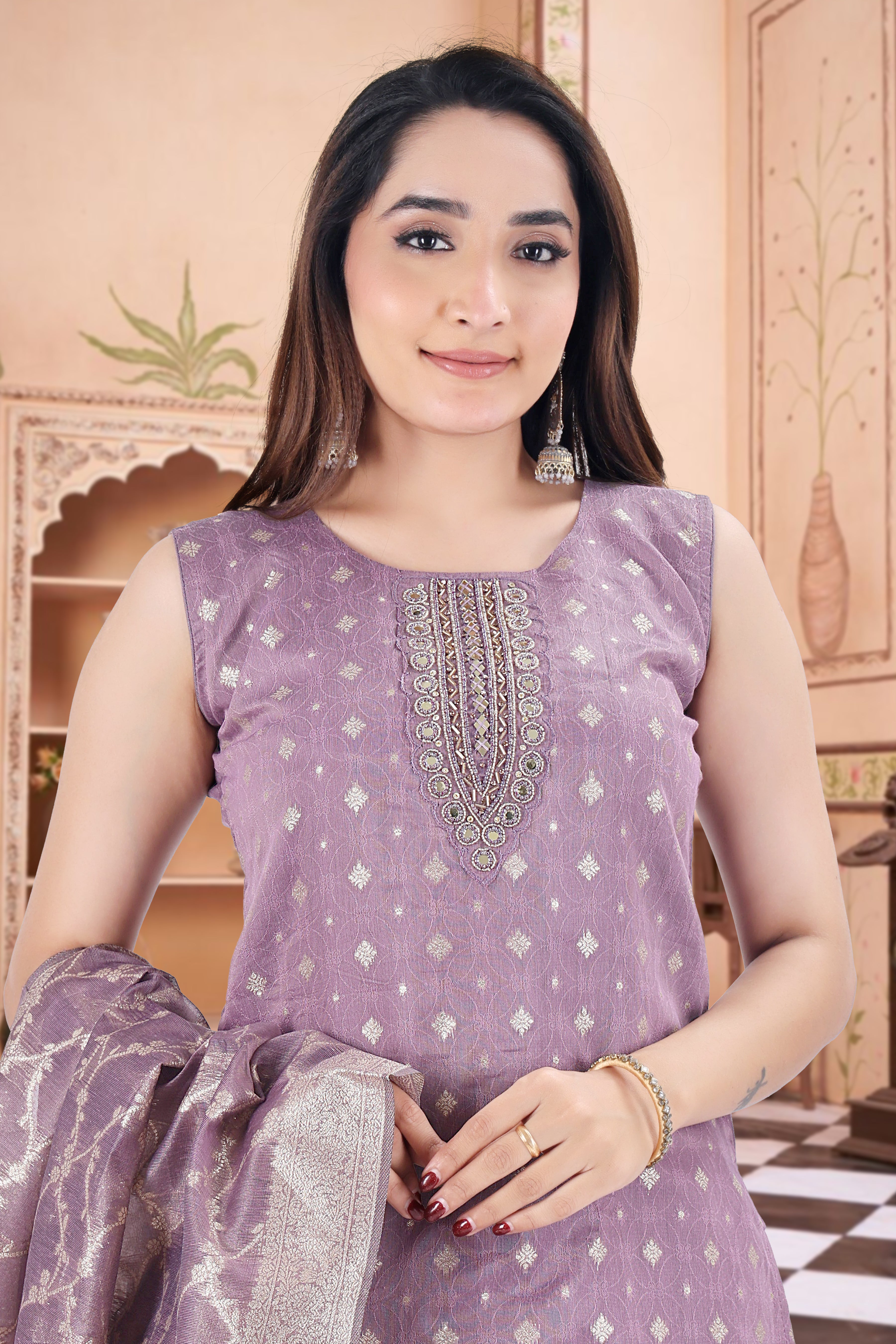 Lavendar Embroidered Silk Blend Straight Suit With Dupatta