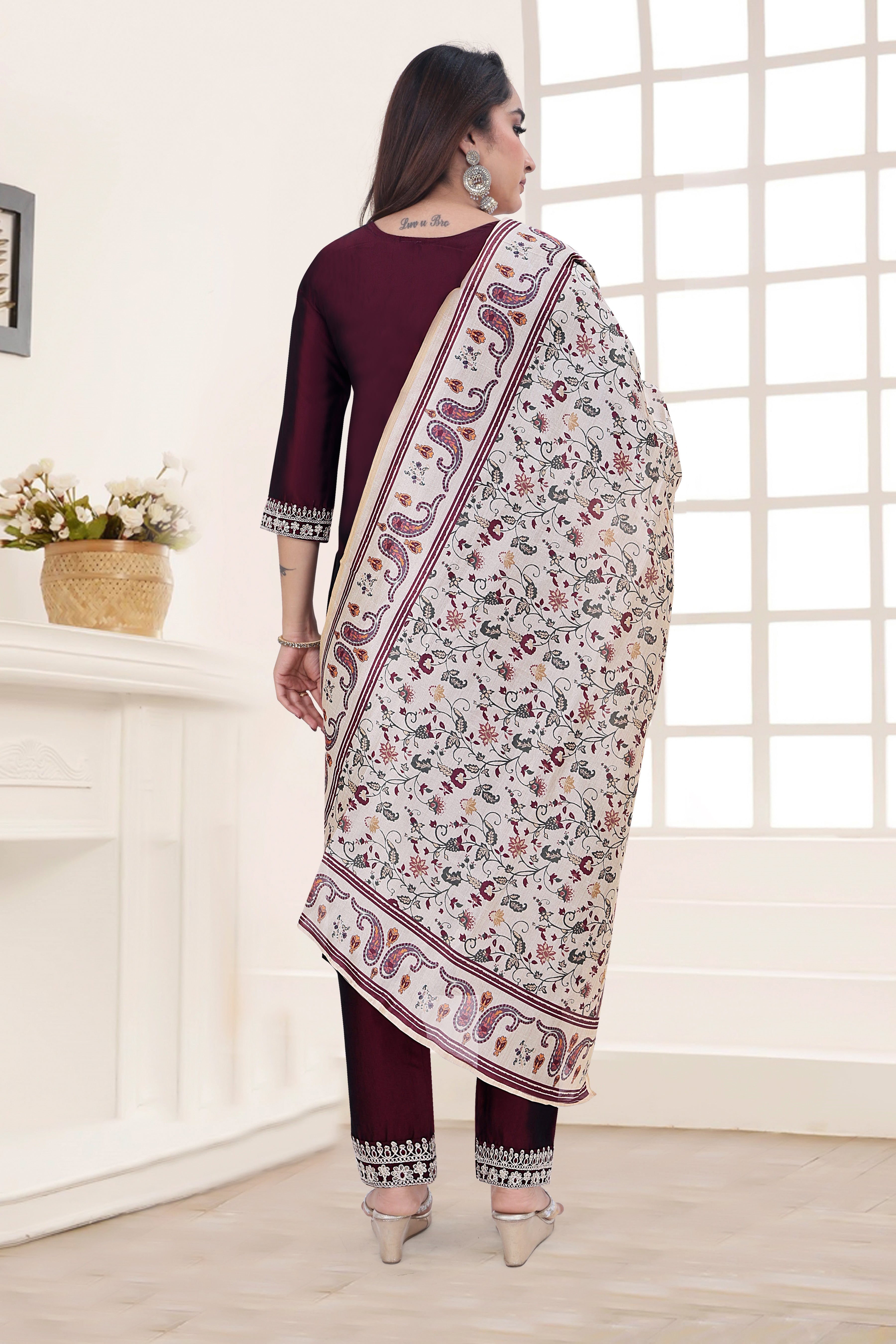 Maroon Embroidered Silk Blend Straight Suit With Dupatta
