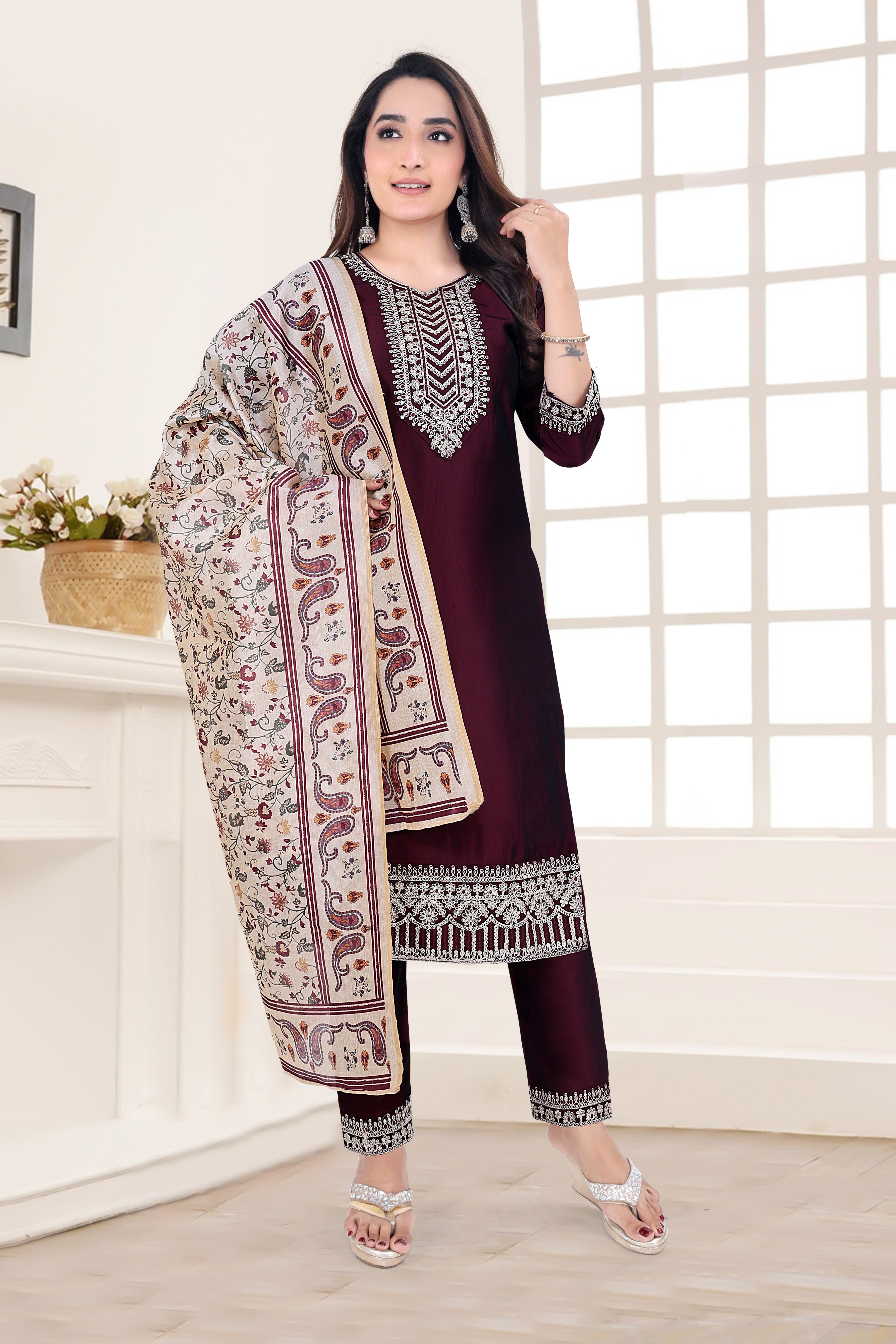 Maroon Embroidered Silk Blend Straight Suit With Dupatta