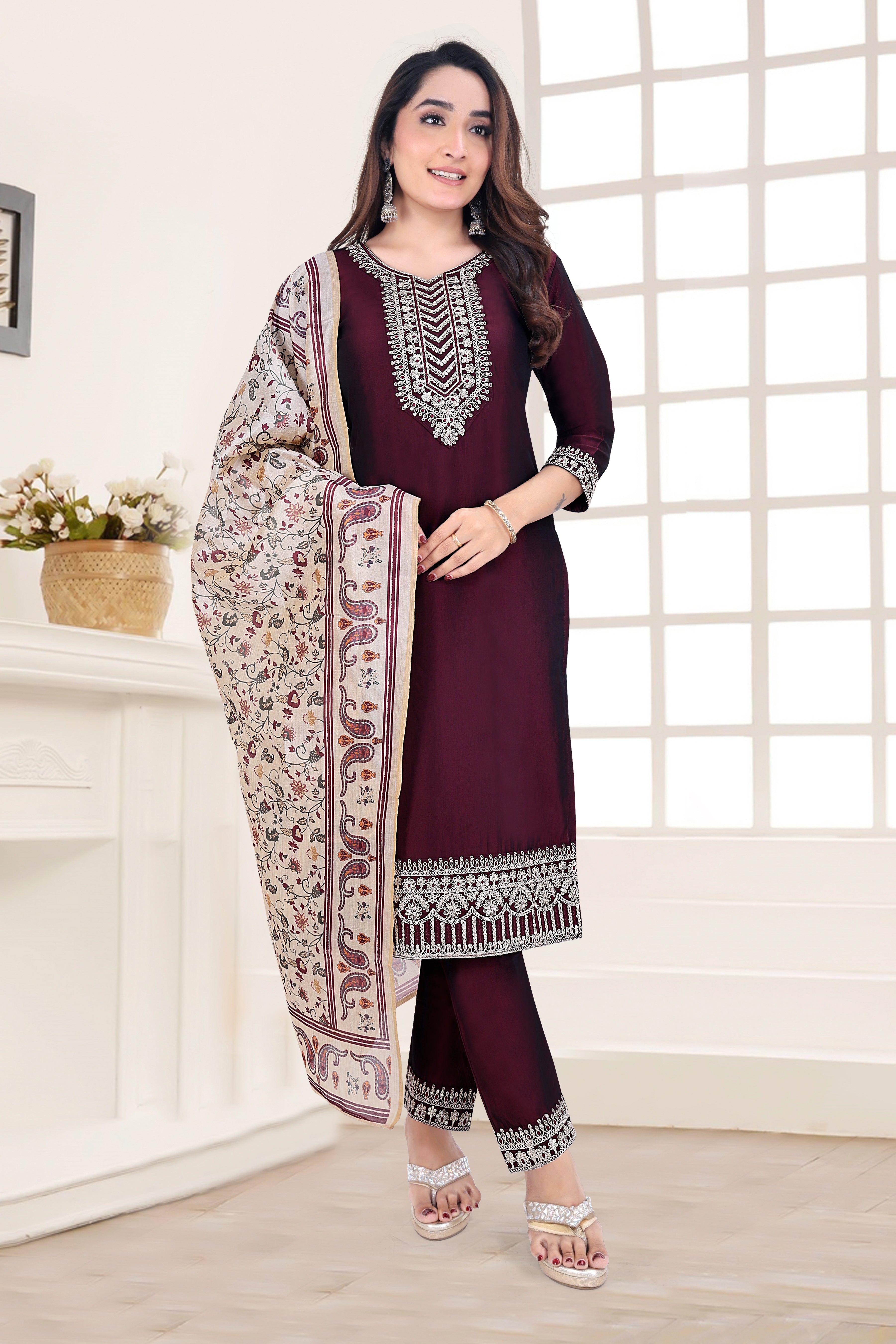 Maroon Embroidered Silk Blend Straight Suit With Dupatta