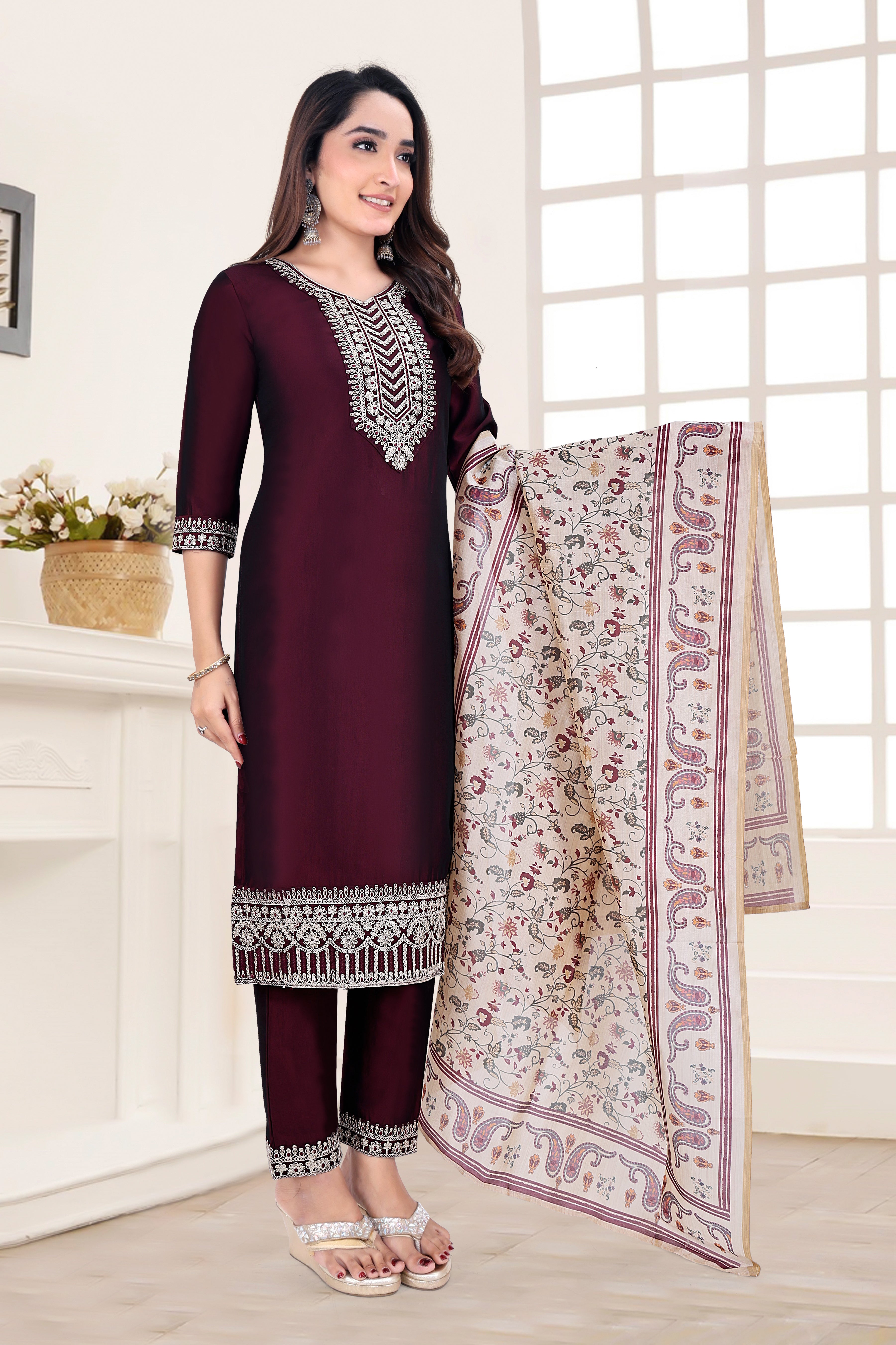 Maroon Embroidered Silk Blend Straight Suit With Dupatta