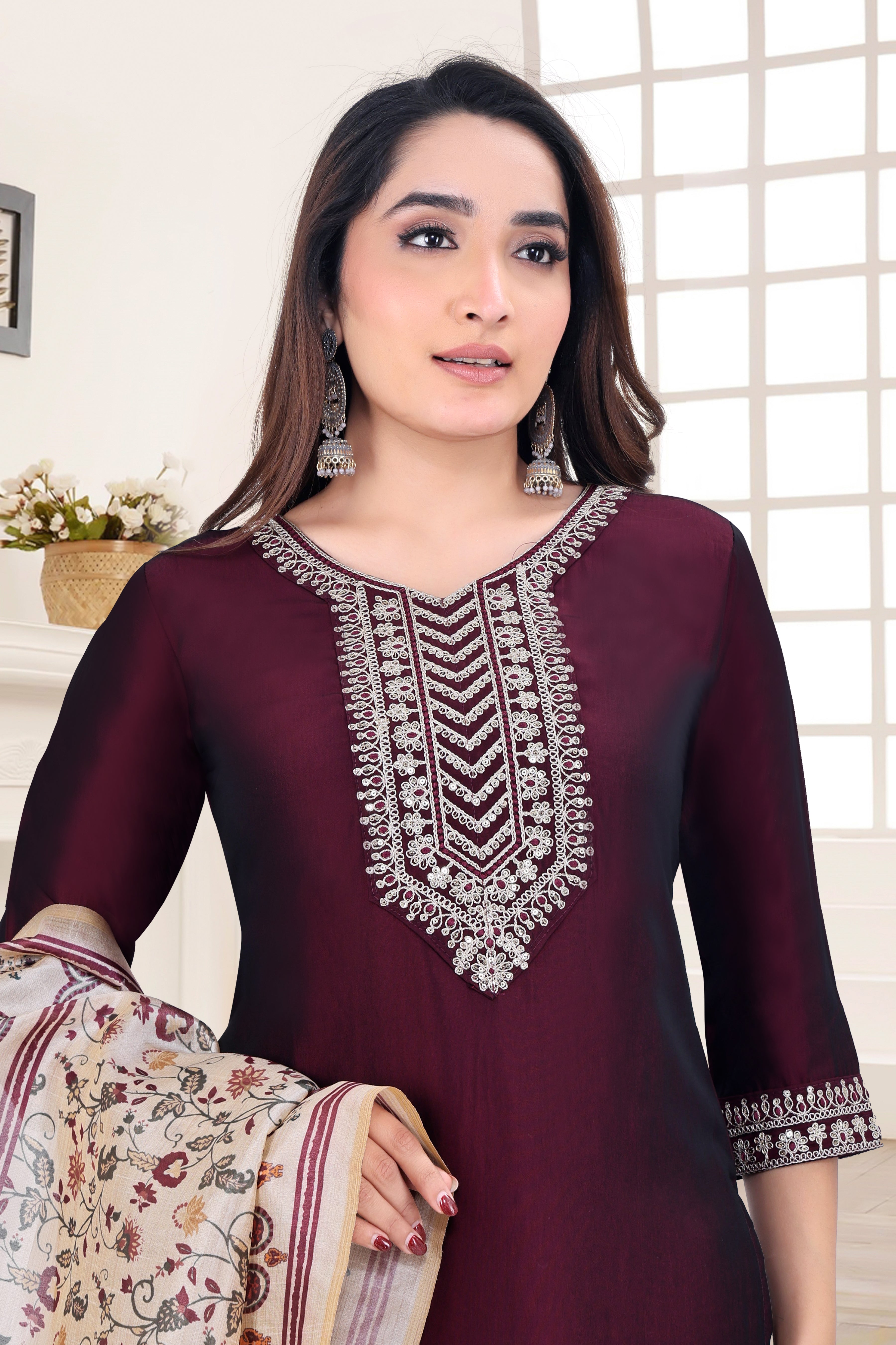 Maroon Embroidered Silk Blend Straight Suit With Dupatta