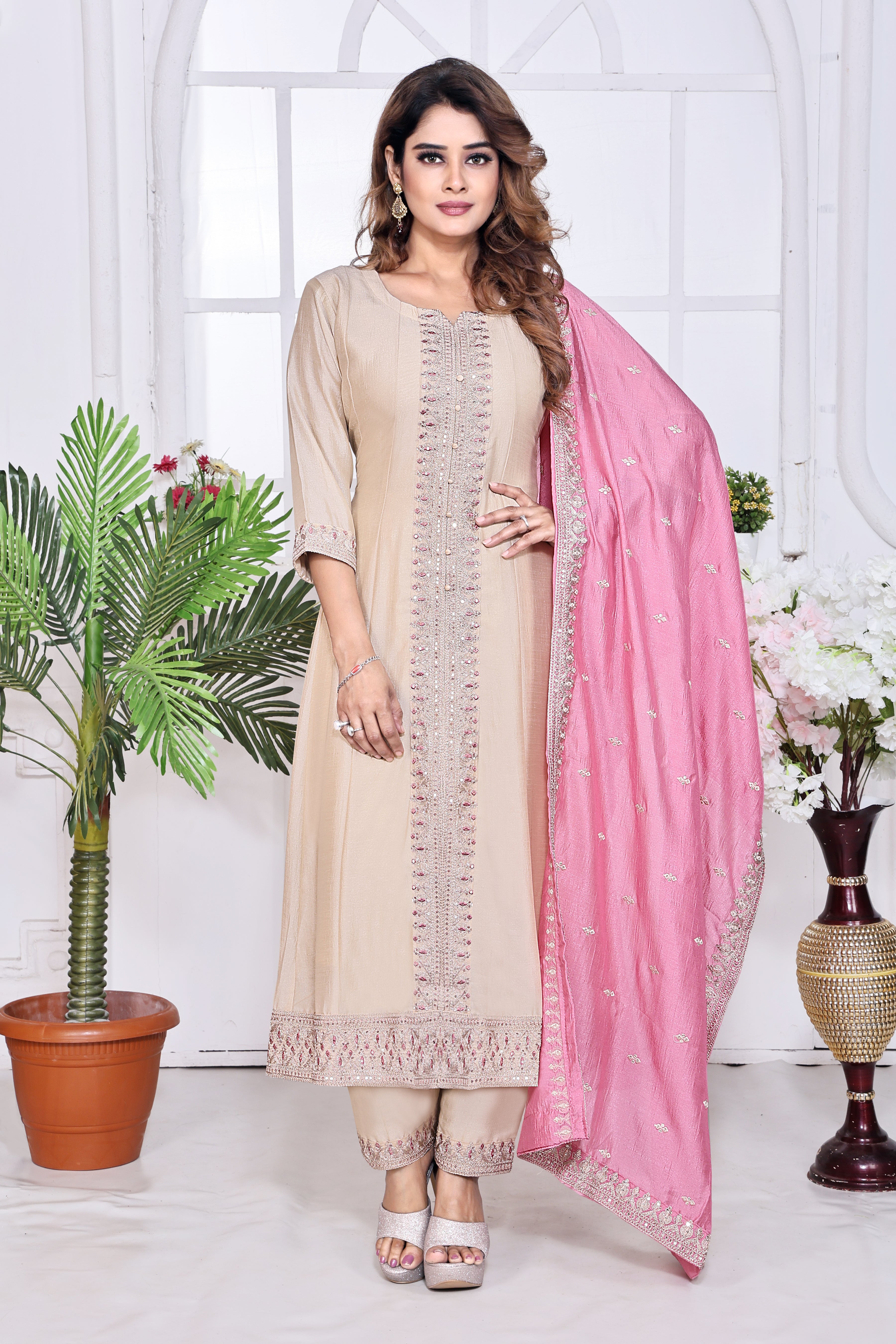 Beige Embroidered Silk Anarkali Kurta With Pink Dupatta Set