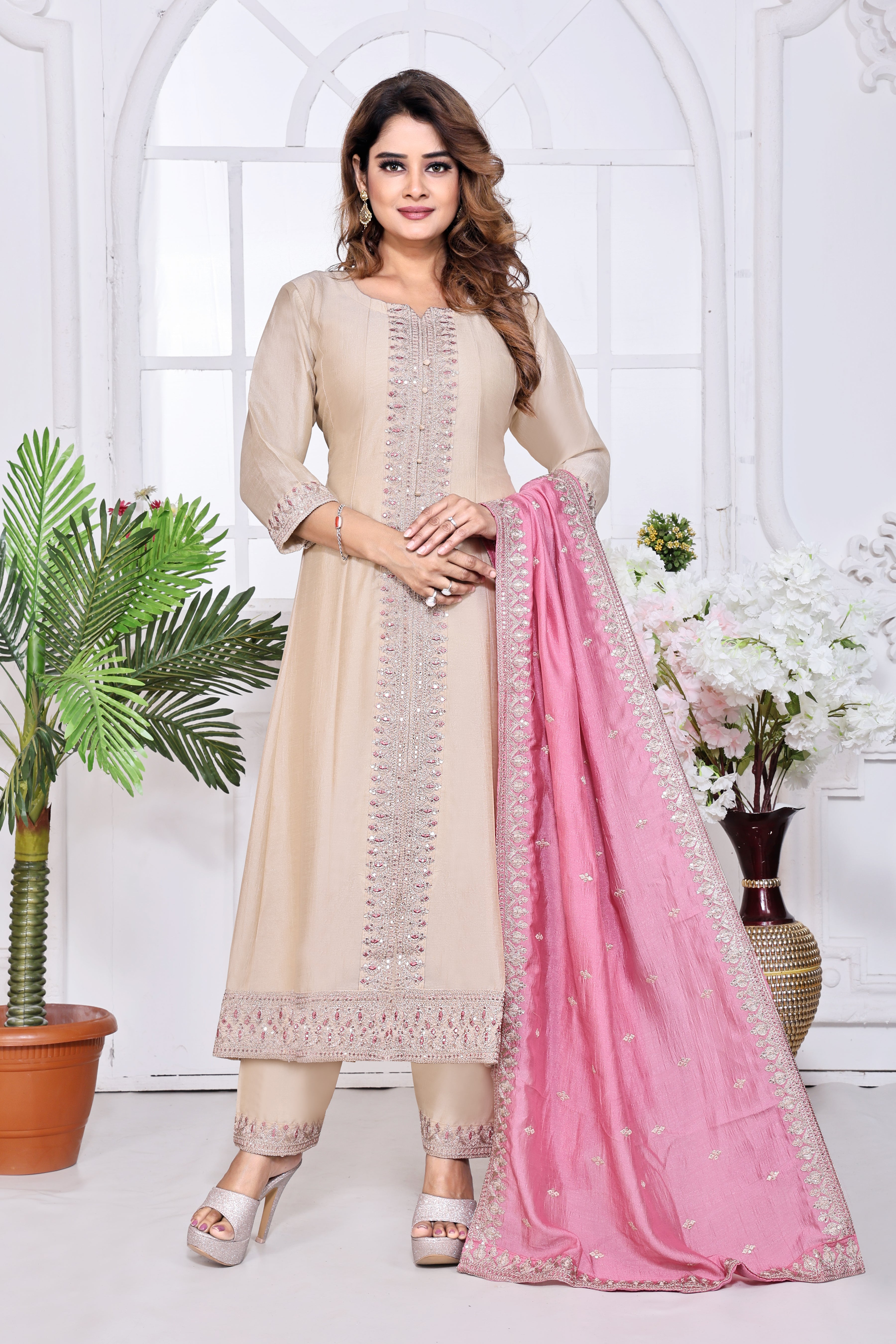 Beige Embroidered Silk Anarkali Kurta With Pink Dupatta Set