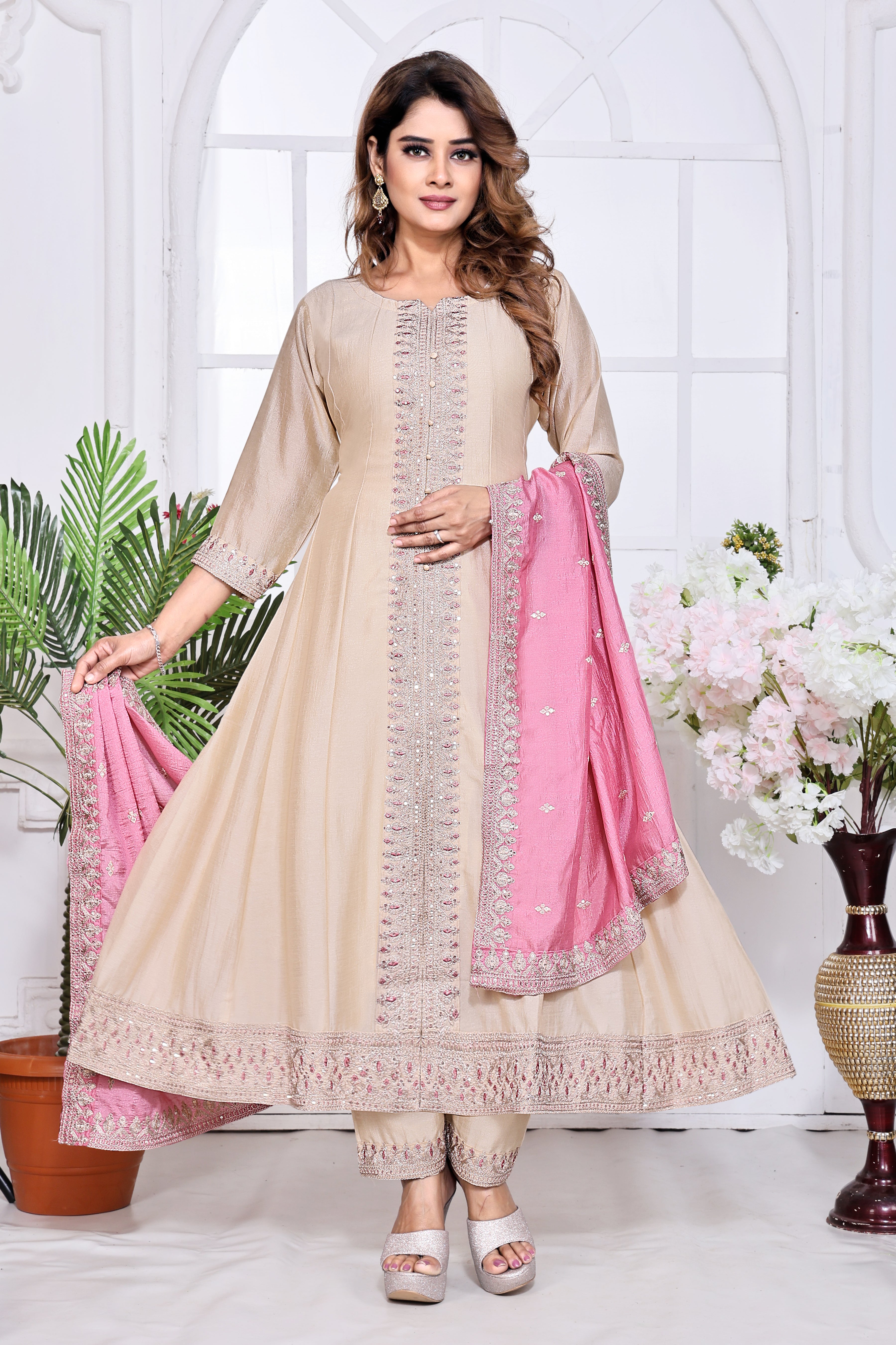 Beige Embroidered Silk Anarkali Kurta With Pink Dupatta Set