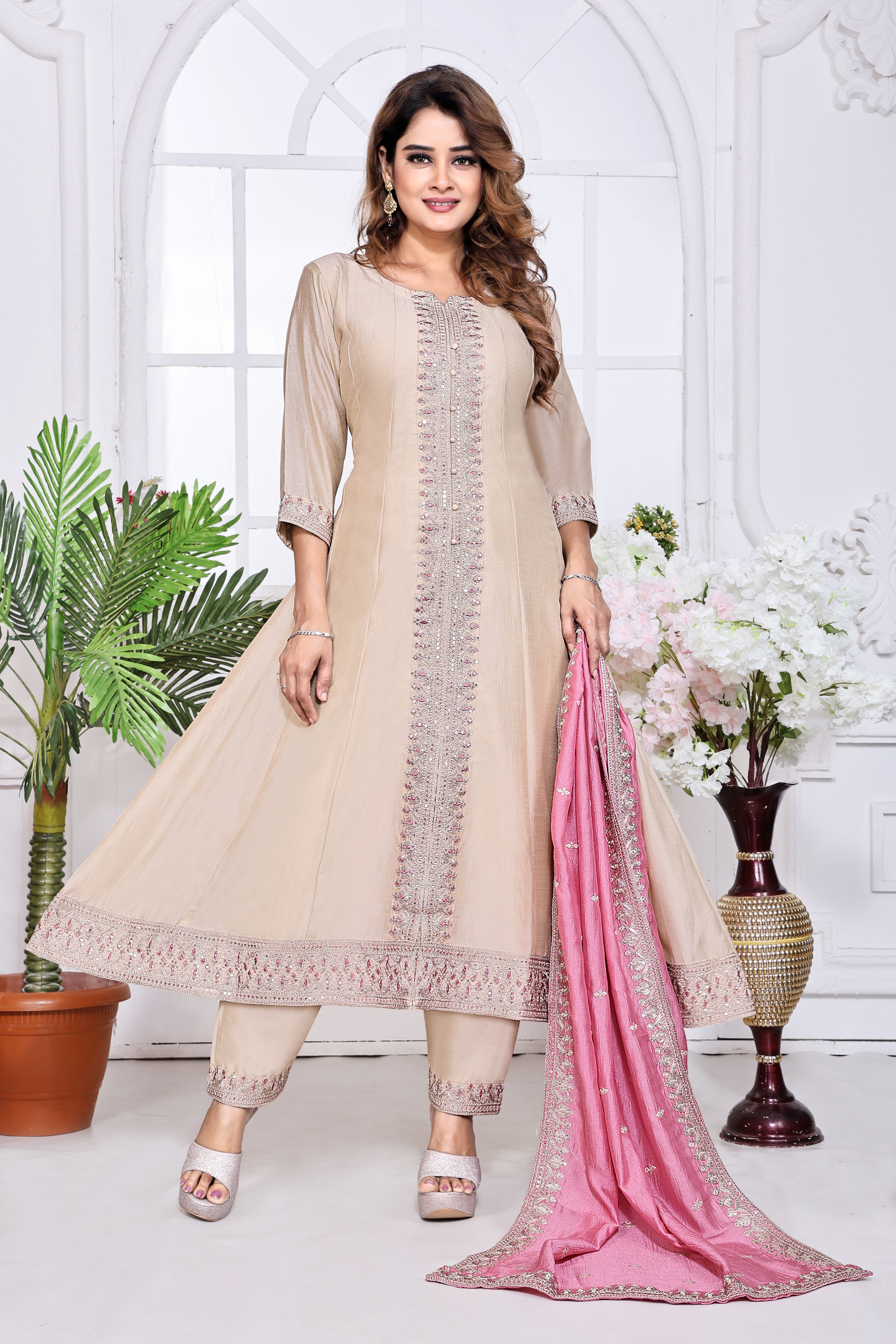 Beige Embroidered Silk Anarkali Kurta With Pink Dupatta Set