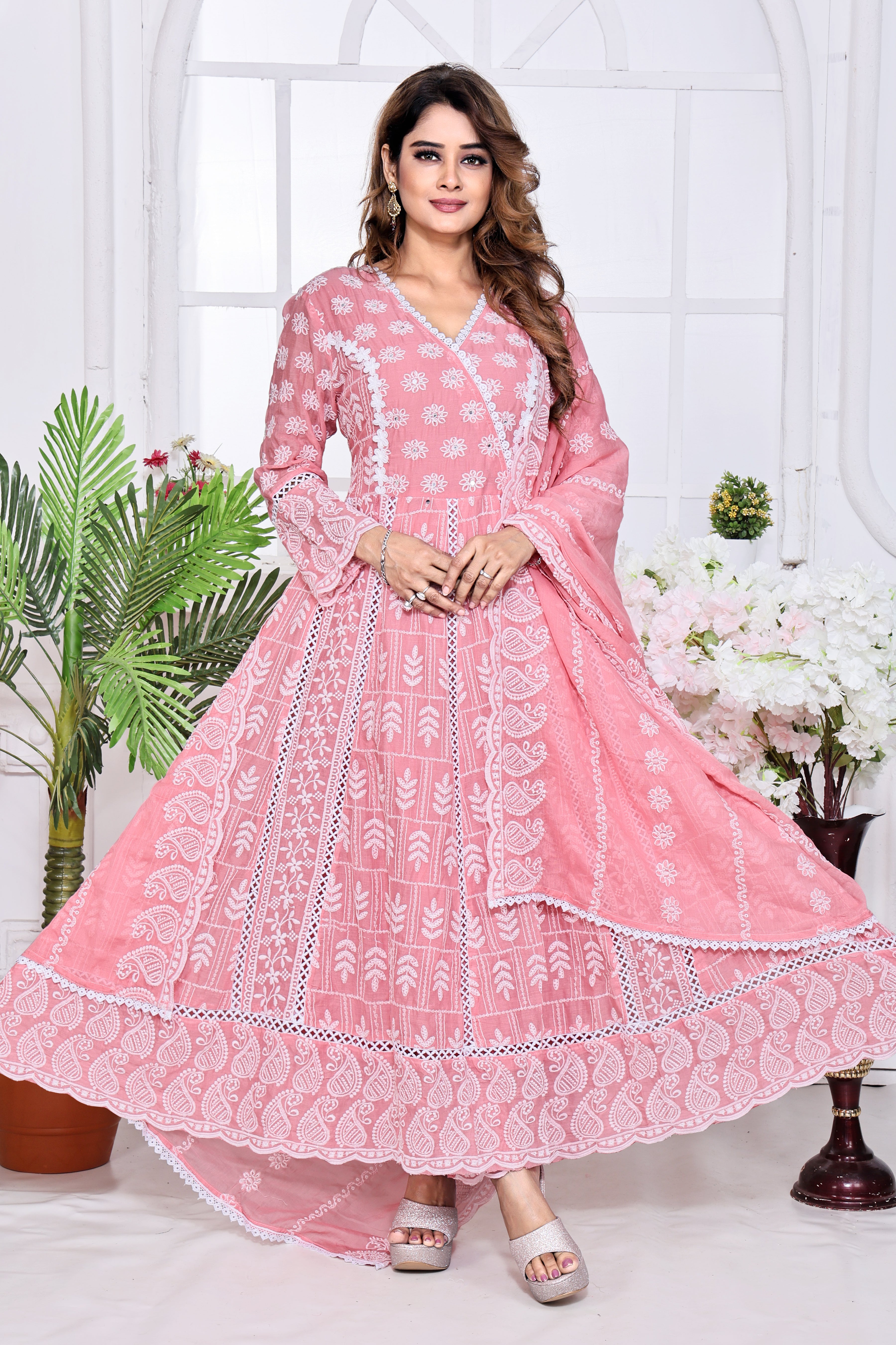 Peach Embroidered Cotton Anarkali Kurta With Dupatta Set