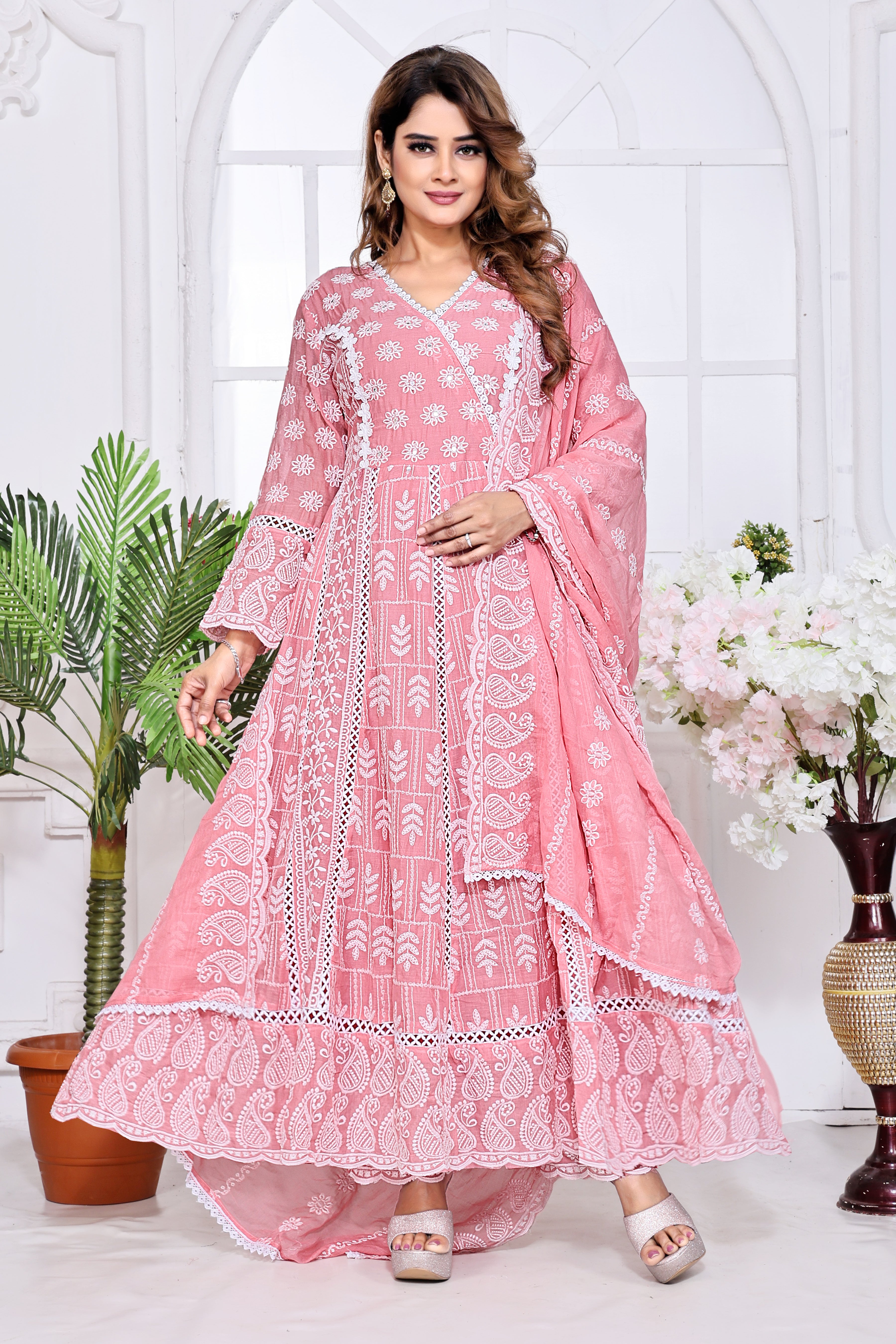 Peach Embroidered Cotton Anarkali Kurta With Dupatta Set