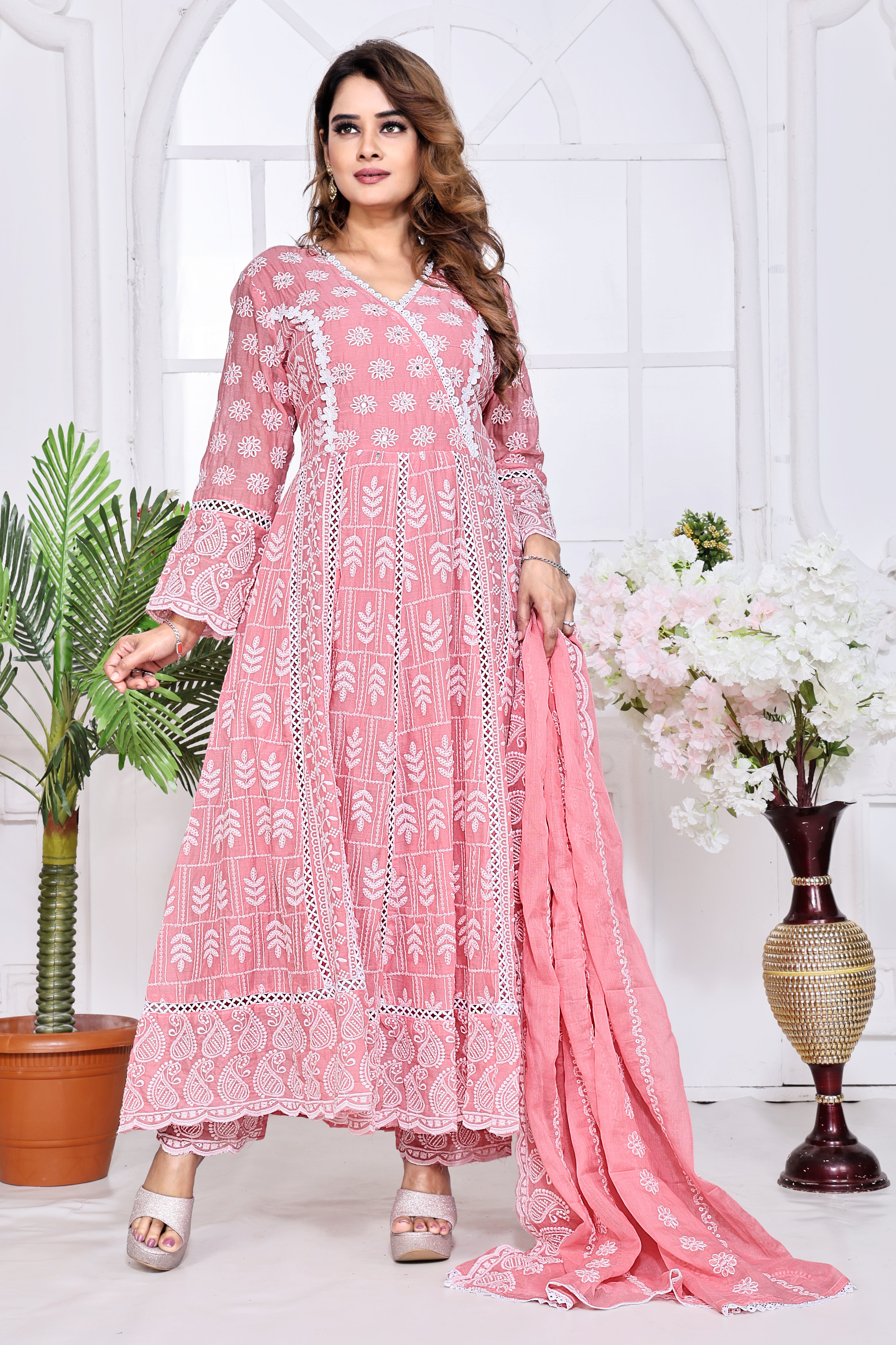 Peach Embroidered Cotton Anarkali Kurta With Dupatta Set
