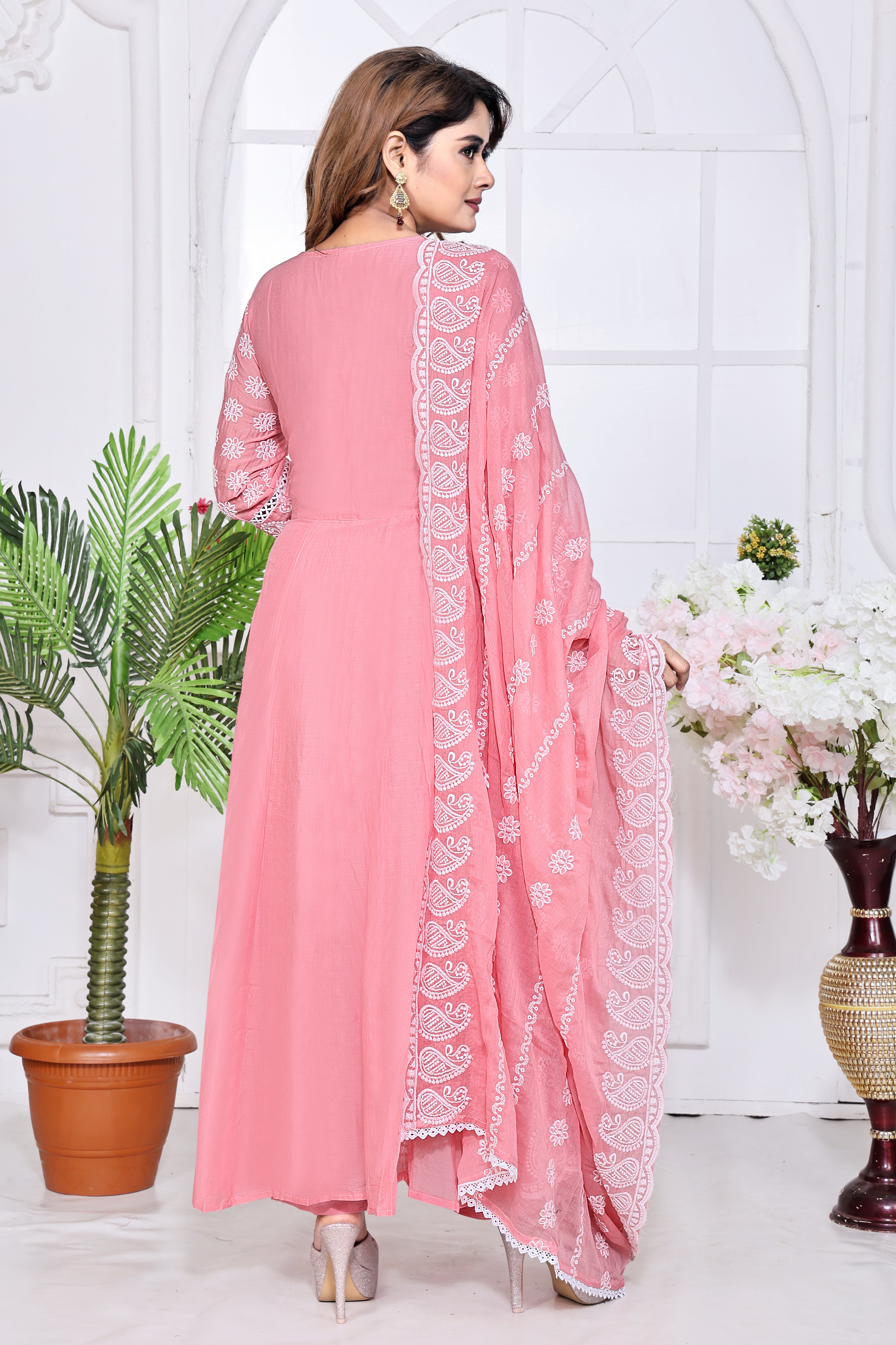 Peach Embroidered Cotton Anarkali Kurta With Dupatta Set
