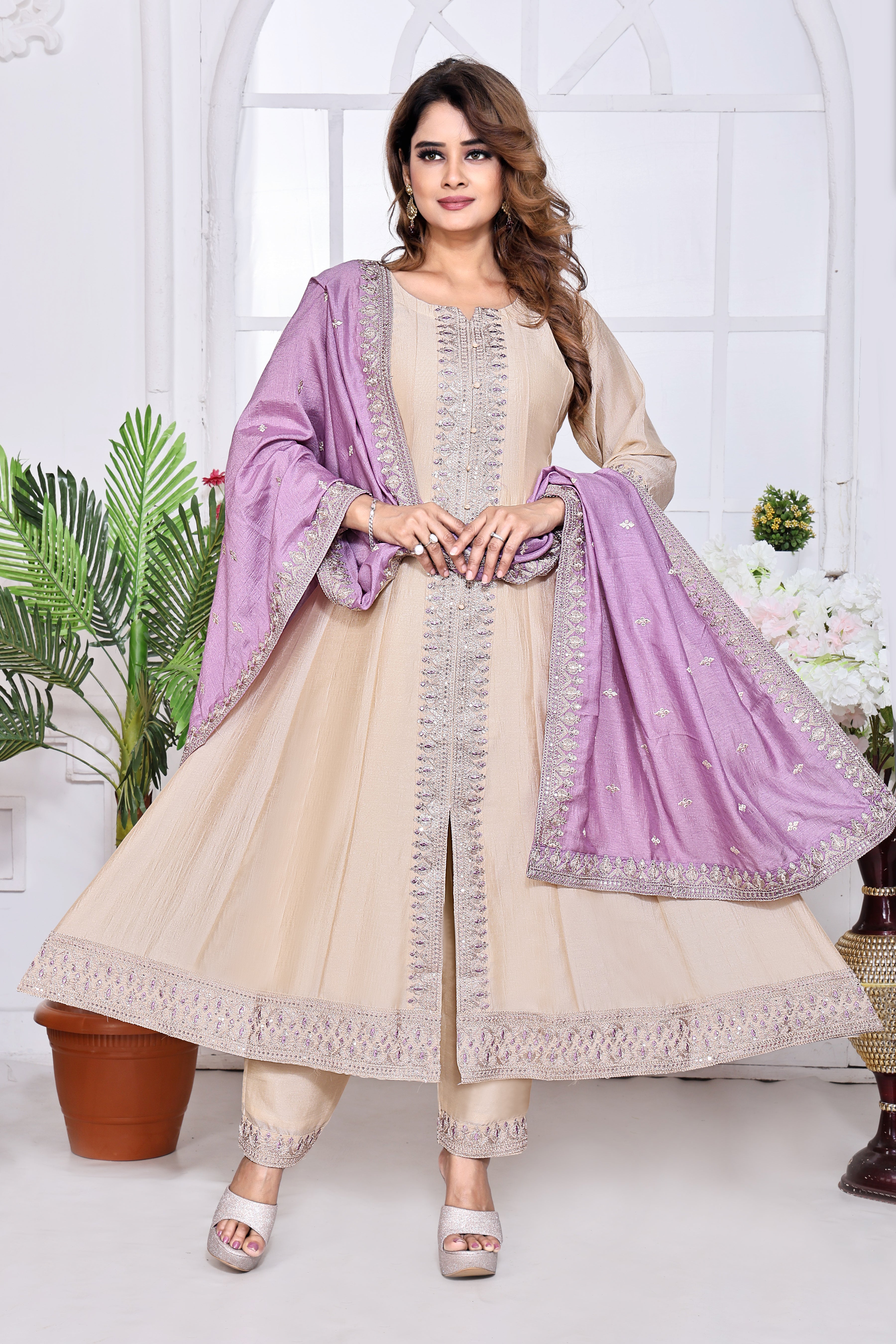 Beige Embroidered Silk Anarkali Kurta With Lavender Dupatta Set
