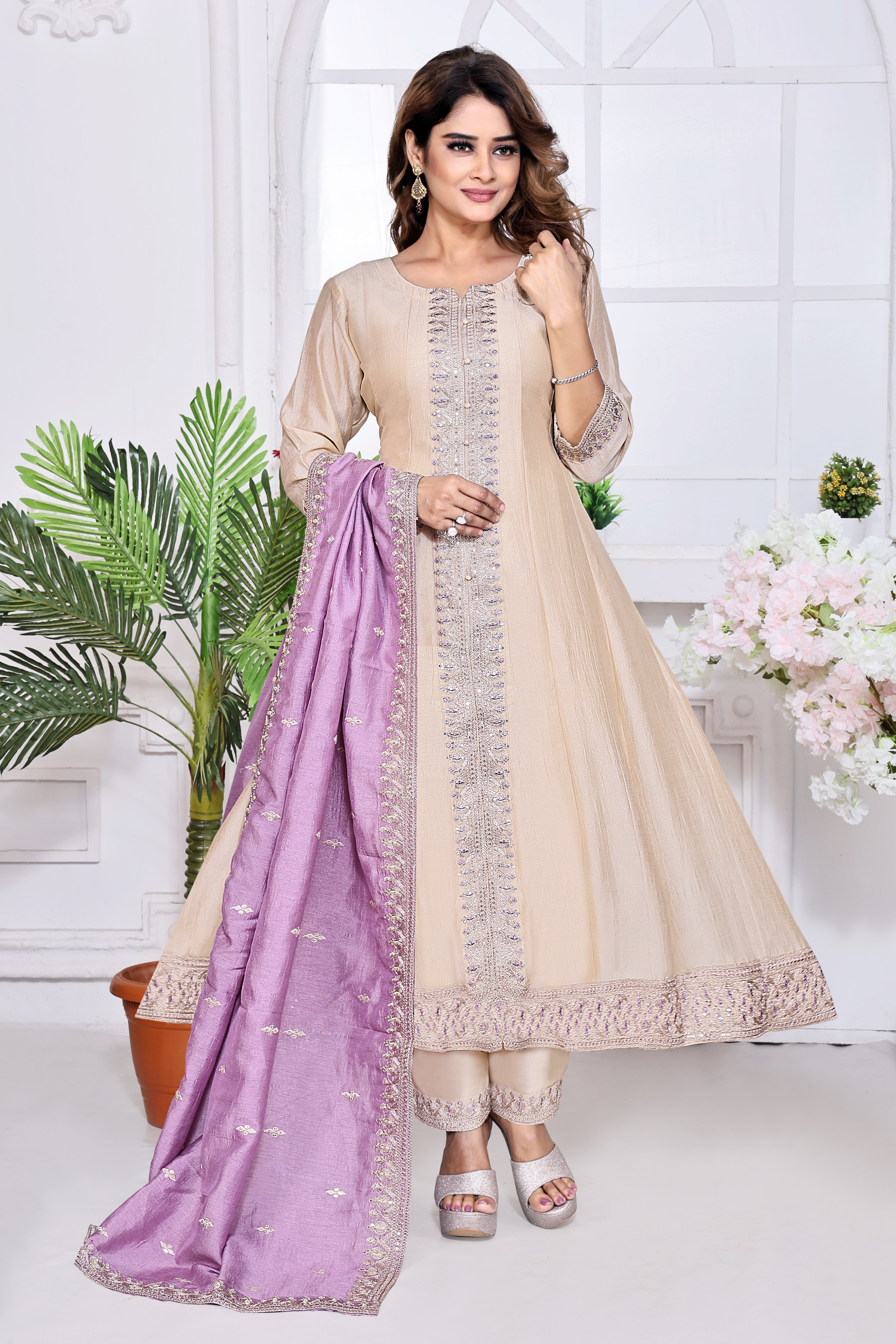 Beige Embroidered Silk Anarkali Kurta With Lavender Dupatta Set