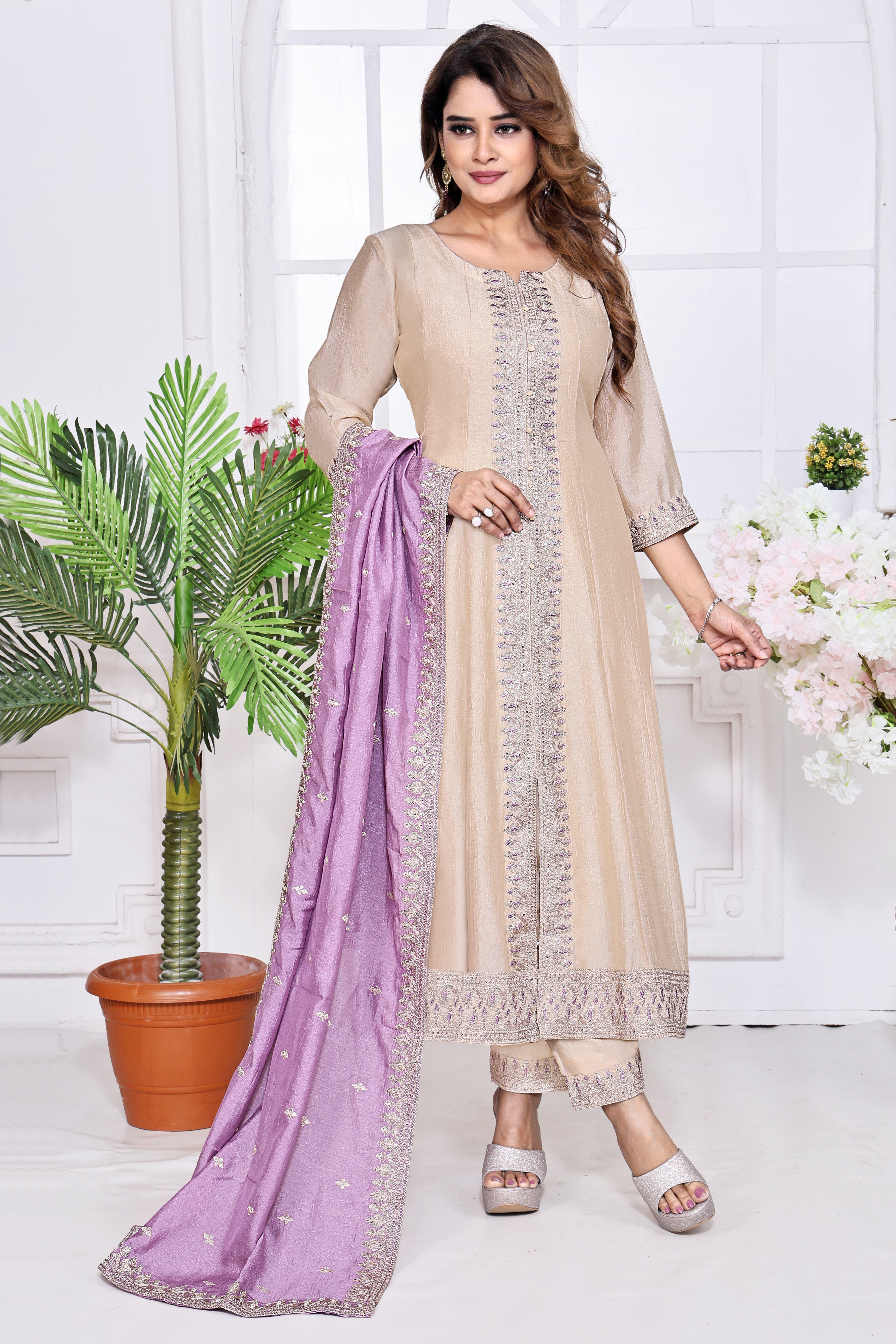 Beige Embroidered Silk Anarkali Kurta With Lavender Dupatta Set