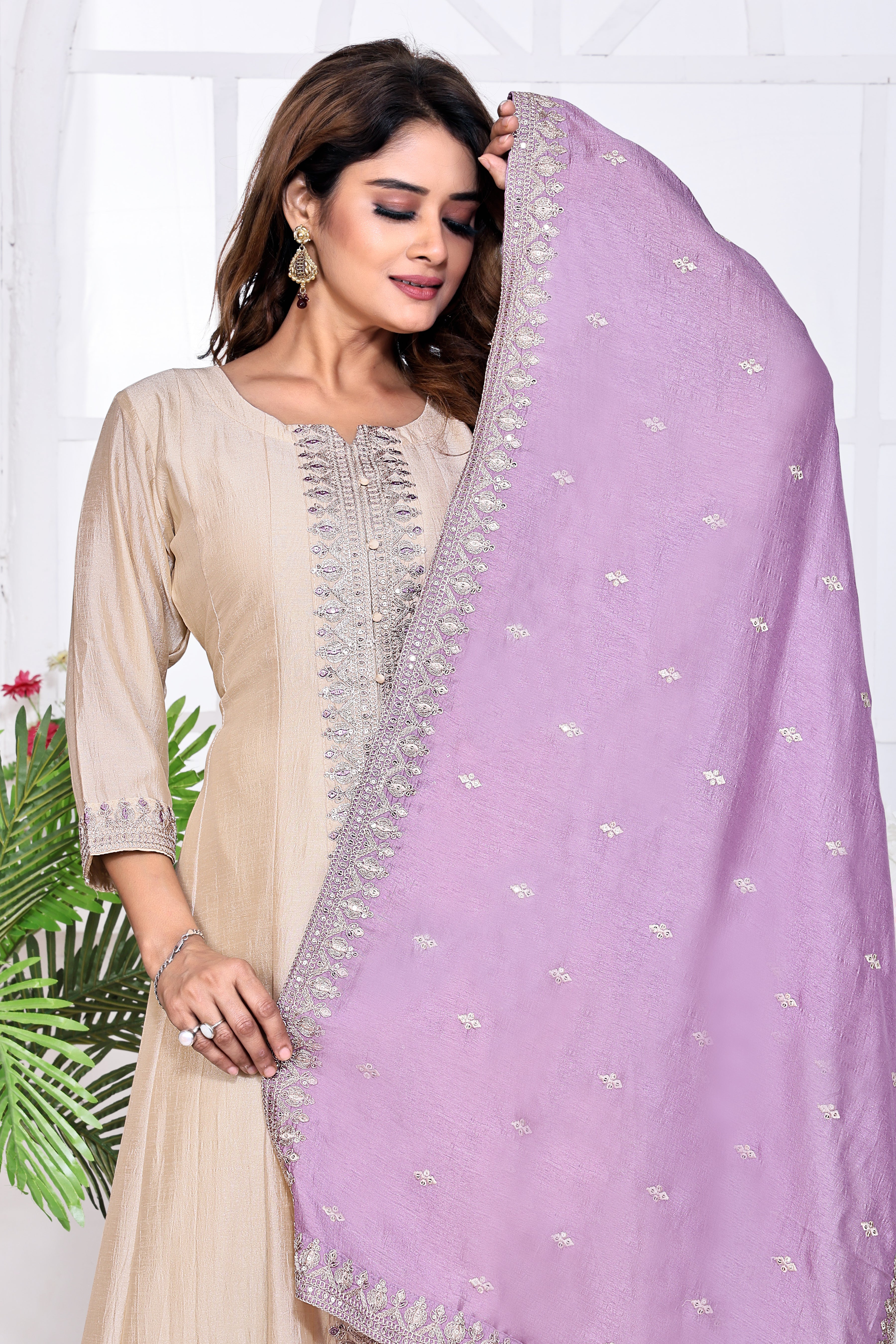 Beige Embroidered Silk Anarkali Kurta With Lavender Dupatta Set