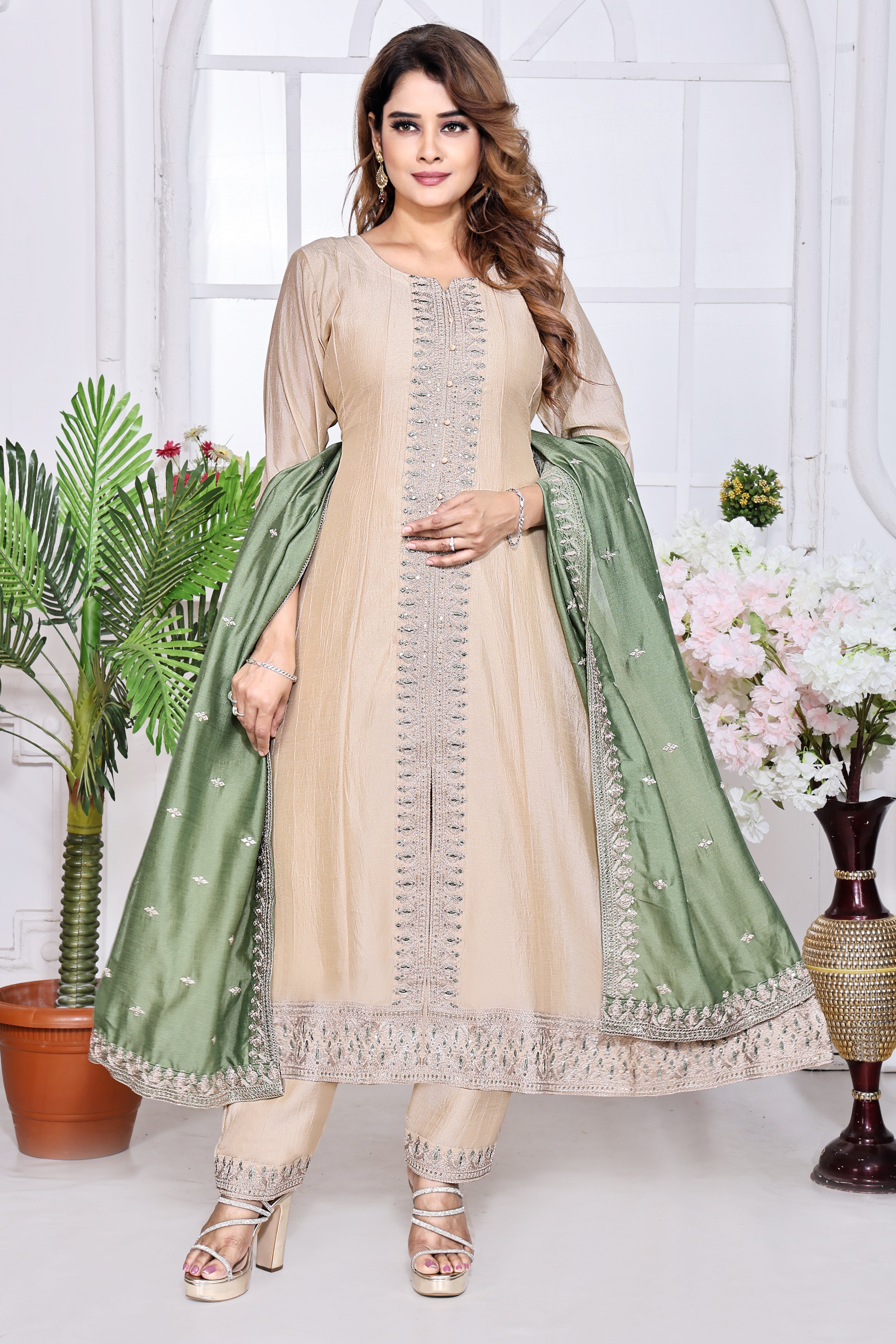 Beige Embroidered Silk Anarkali Kurta With Sage Green Dupatta Set