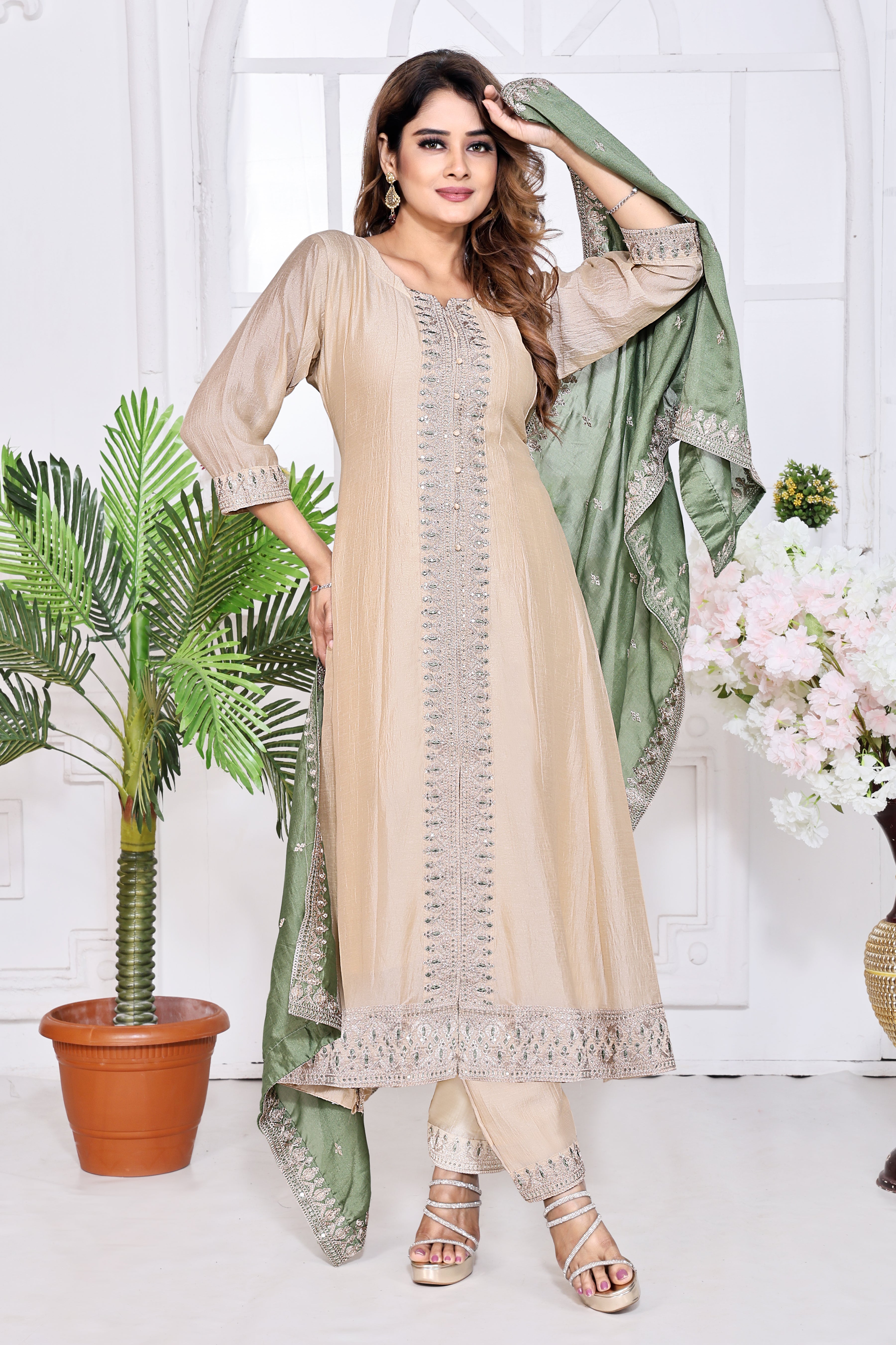 Beige Embroidered Silk Anarkali Kurta With Sage Green Dupatta Set
