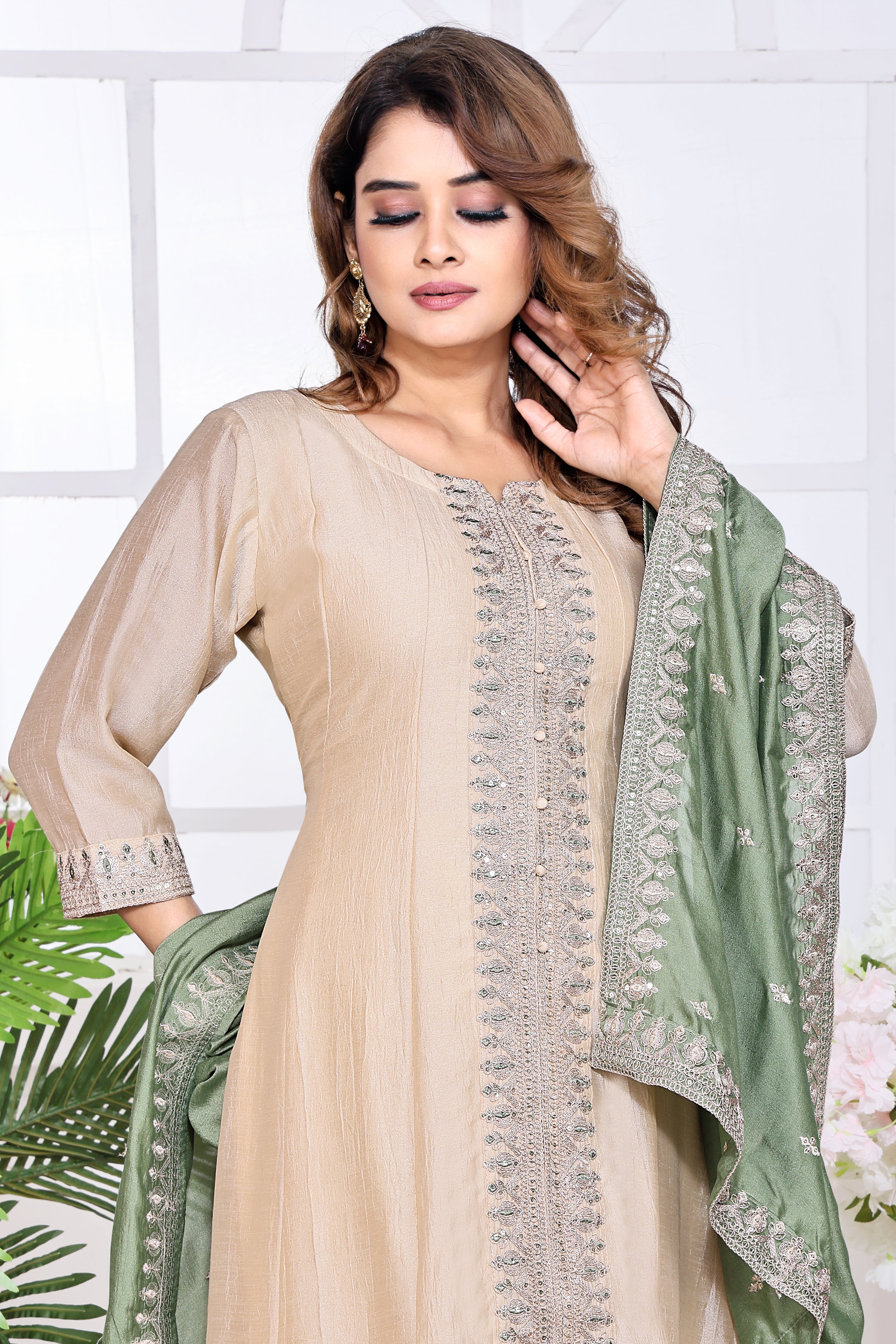 Beige Embroidered Silk Anarkali Kurta With Sage Green Dupatta Set