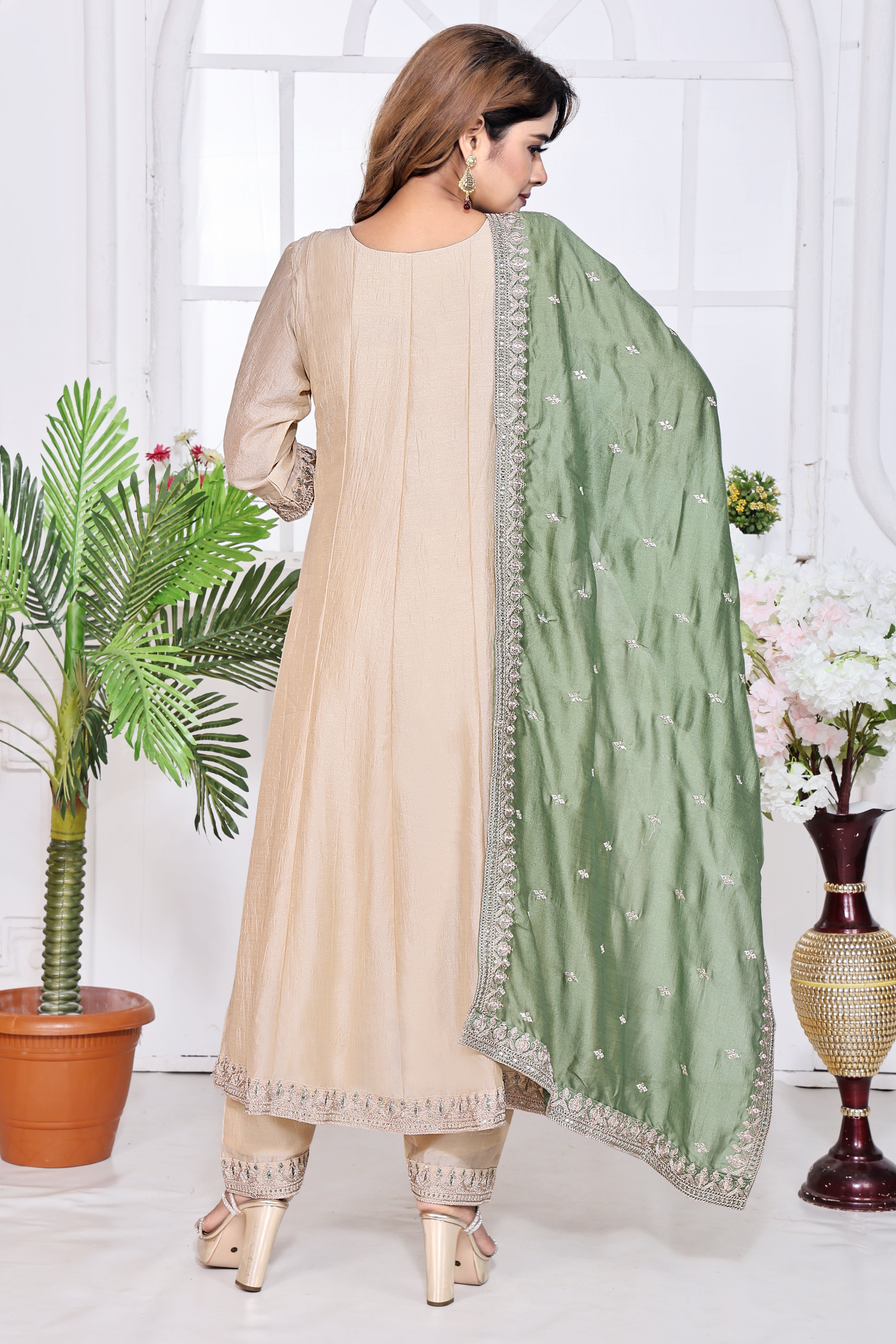 Beige Embroidered Silk Anarkali Kurta With Sage Green Dupatta Set