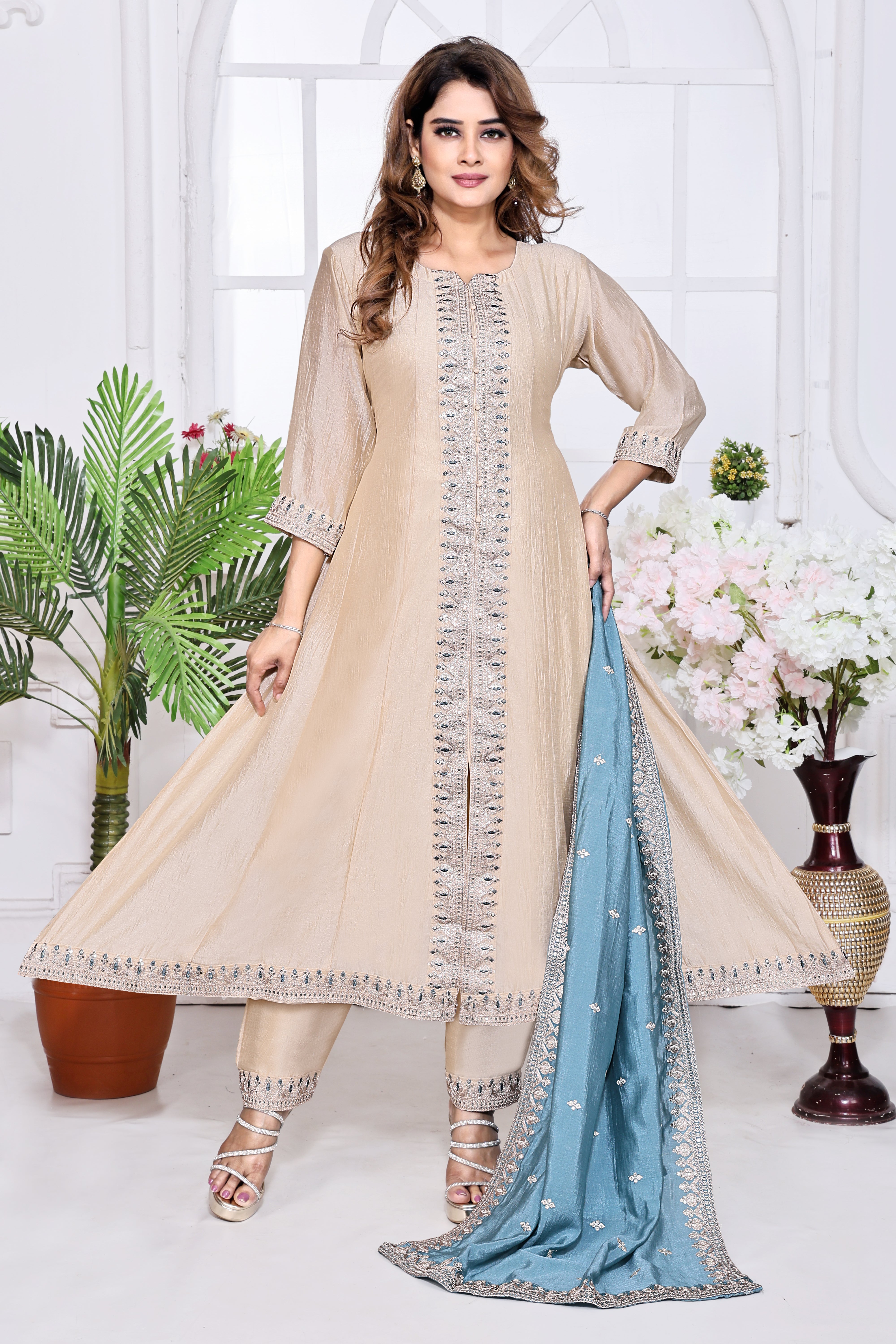 Beige Embroidered Silk Anarkali Kurta With Teal Blue Dupatta Set