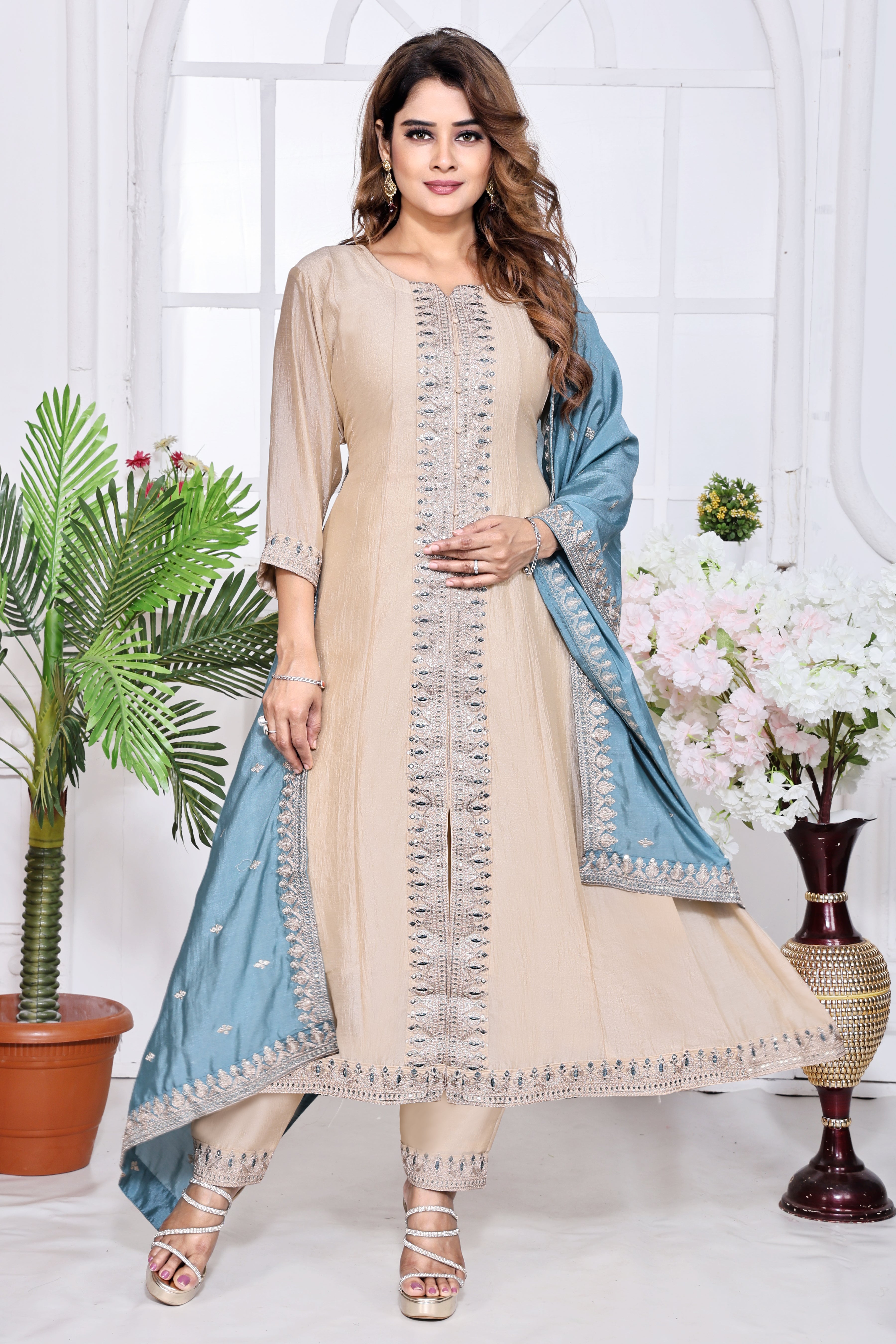 Beige Embroidered Silk Anarkali Kurta With Teal Blue Dupatta Set