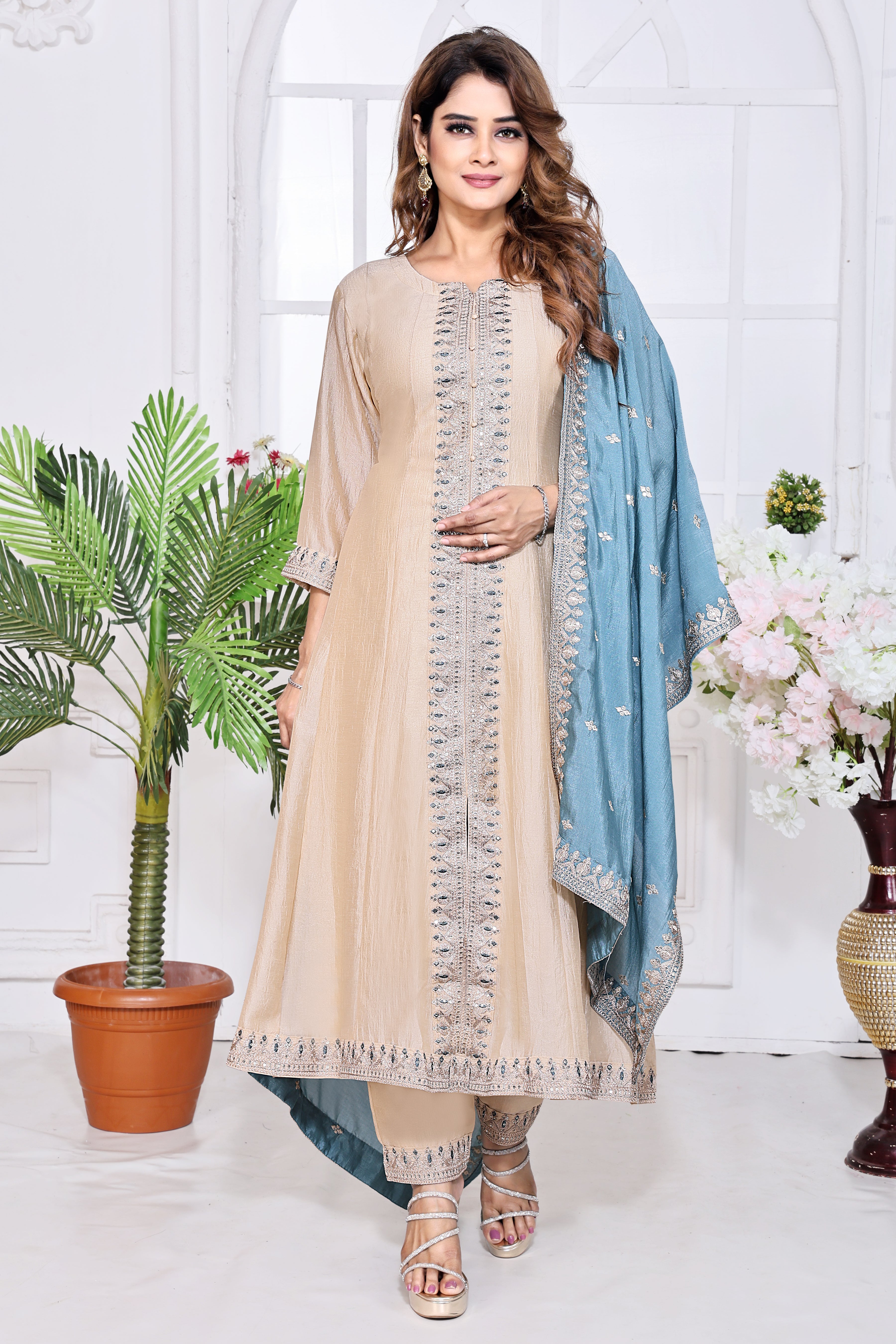 Beige Embroidered Silk Anarkali Kurta With Teal Blue Dupatta Set