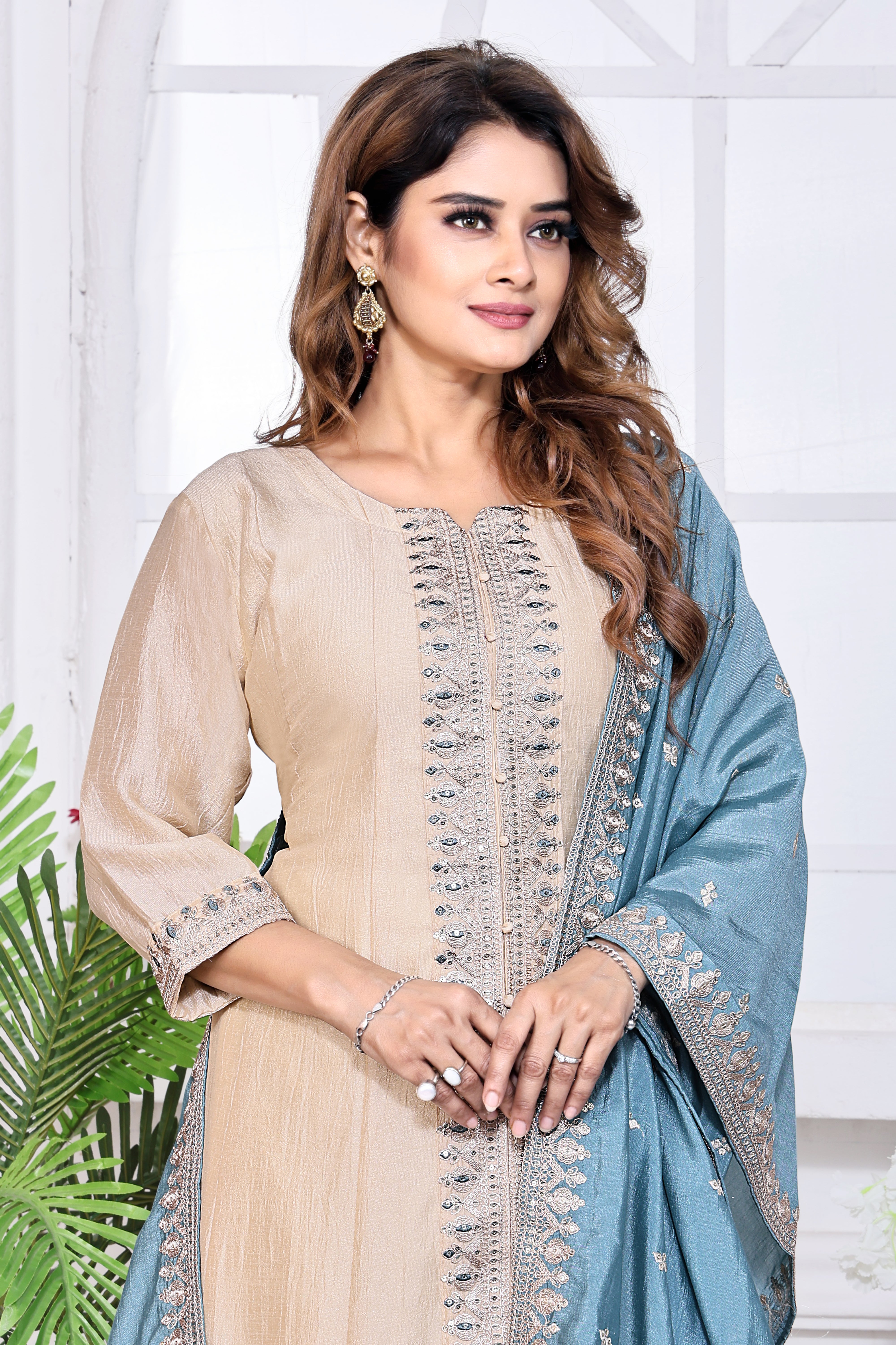 Beige Embroidered Silk Anarkali Kurta With Teal Blue Dupatta Set
