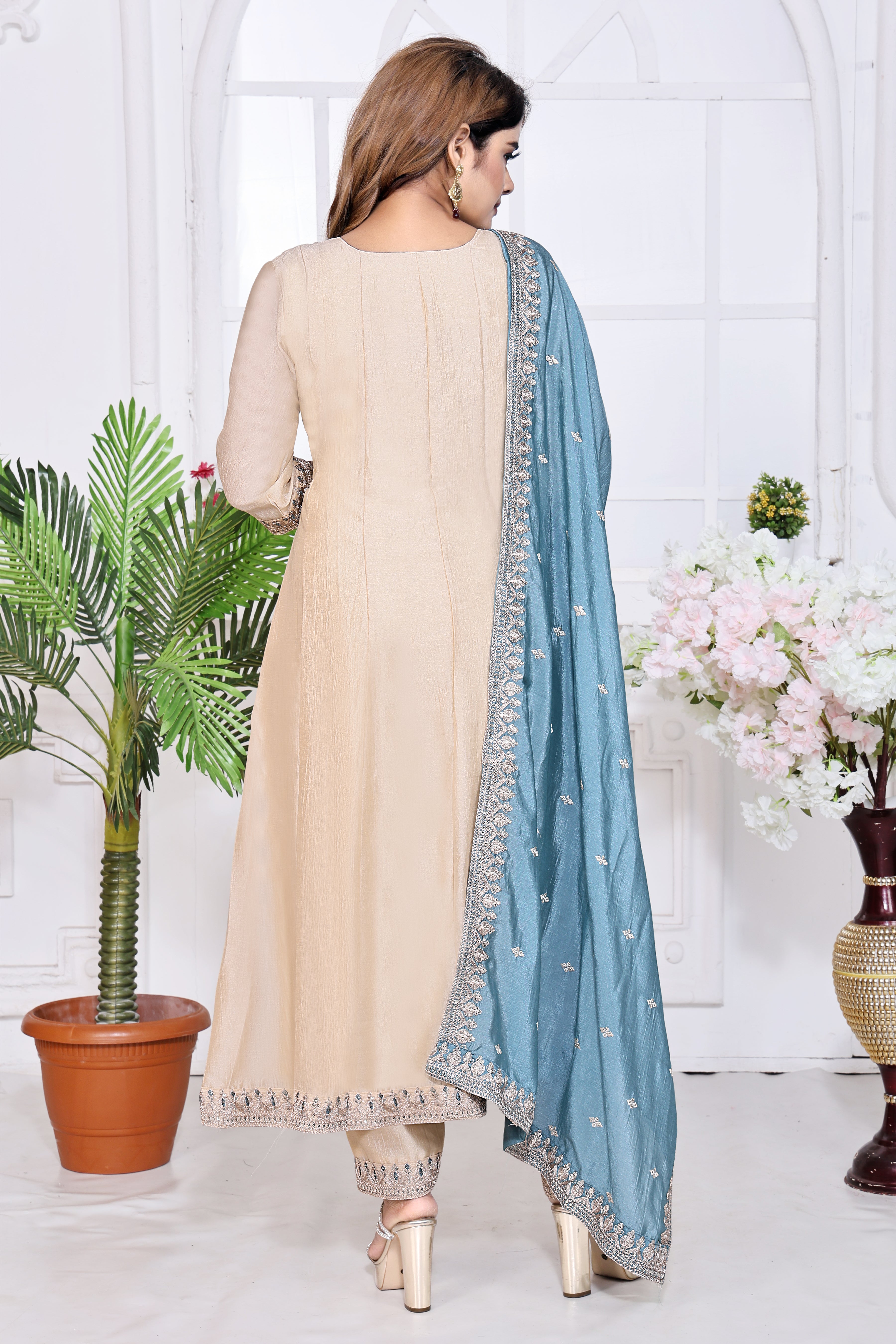 Beige Embroidered Silk Anarkali Kurta With Teal Blue Dupatta Set