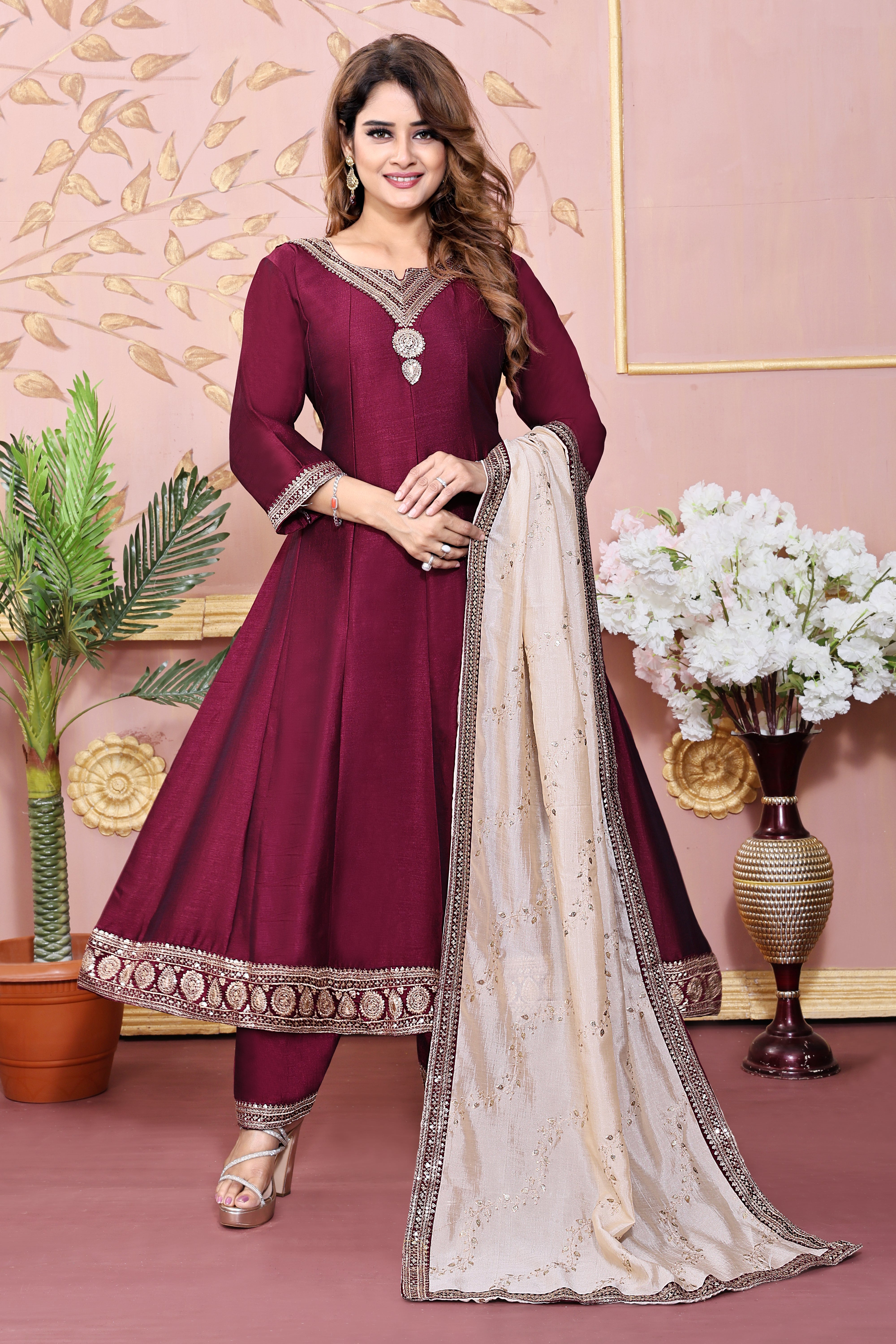 Maaron Embroidered Silk Anarkali Kurta With Dupatta Set