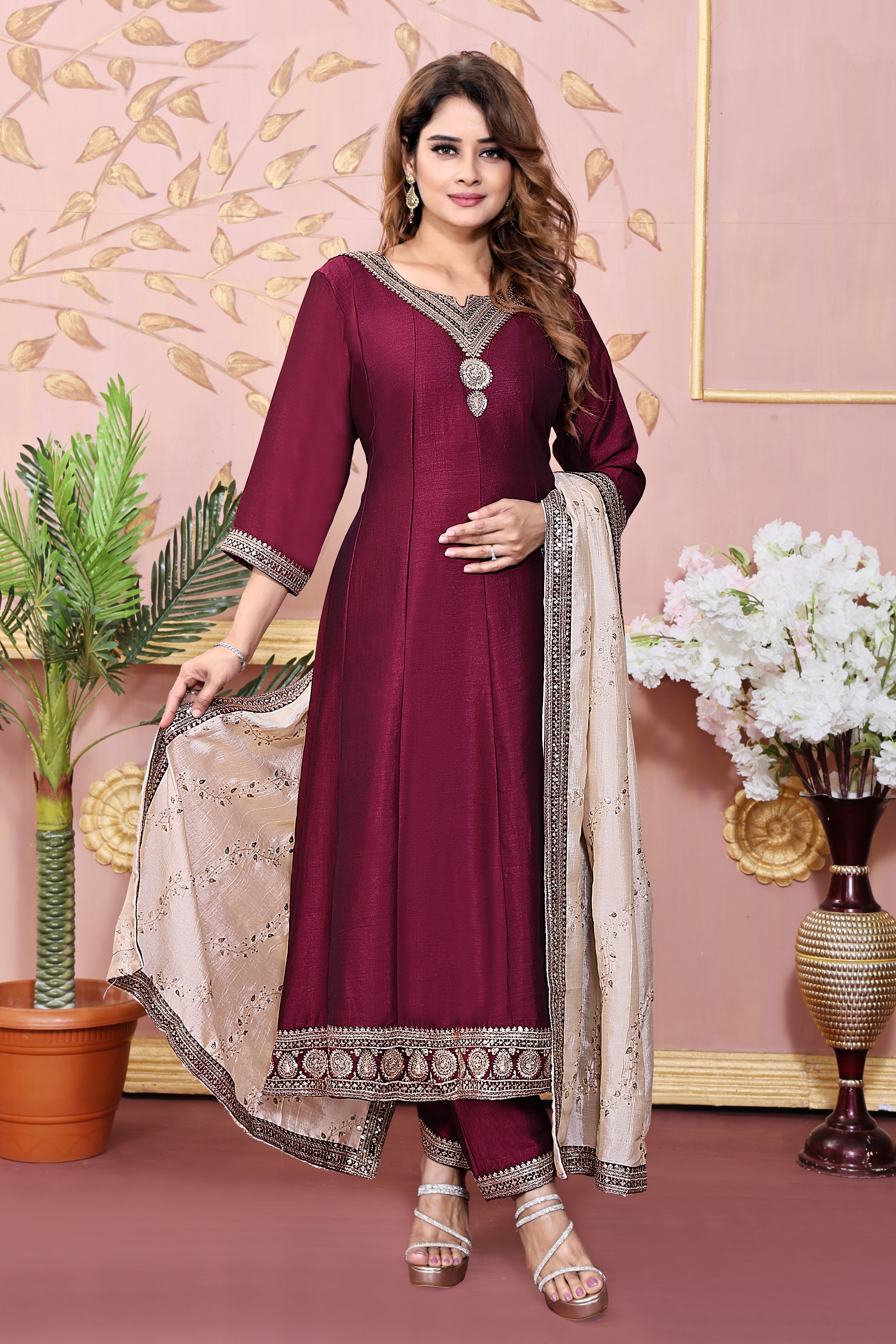 Maaron Embroidered Silk Anarkali Kurta With Dupatta Set