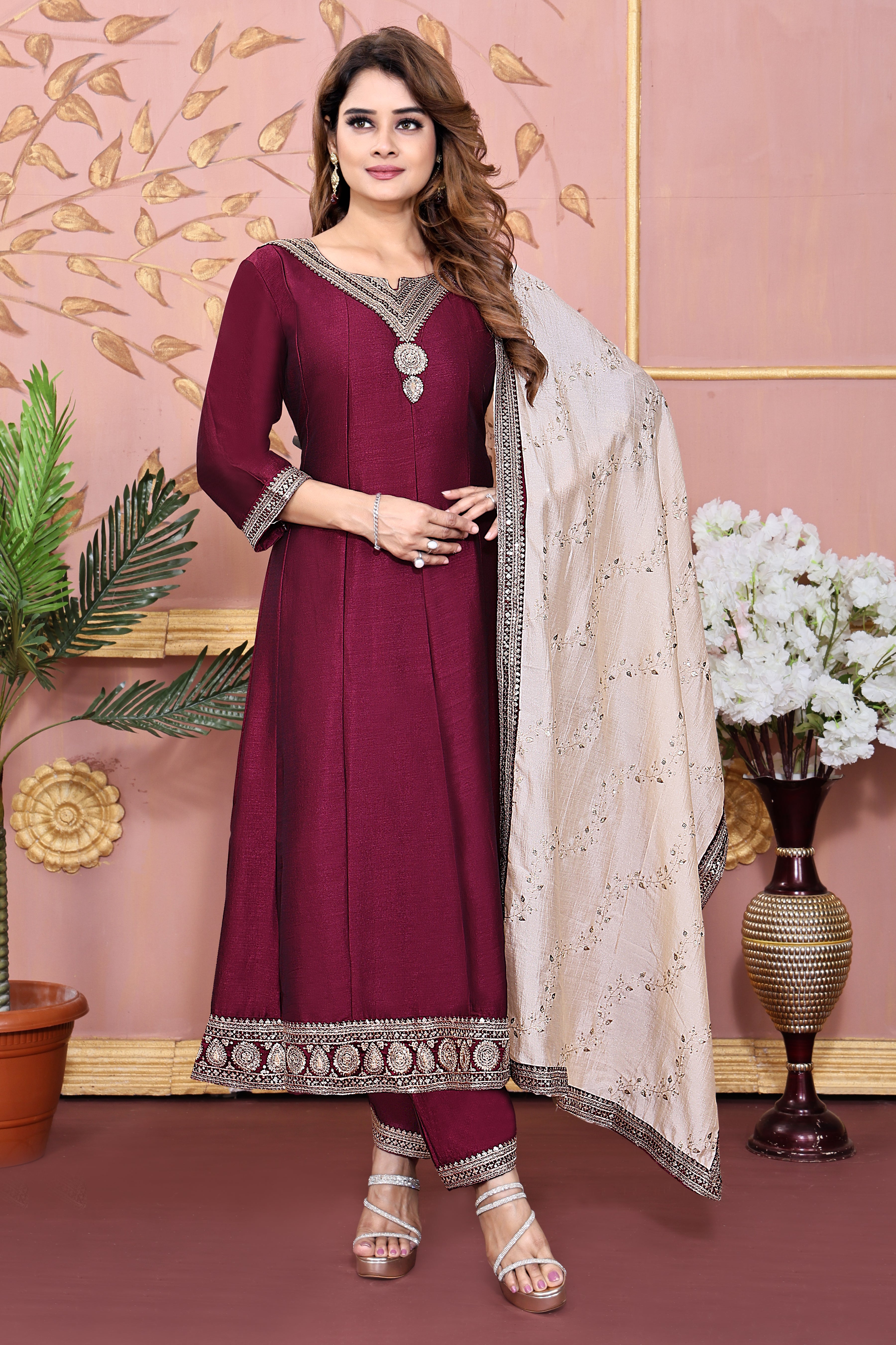 Maaron Embroidered Silk Anarkali Kurta With Dupatta Set