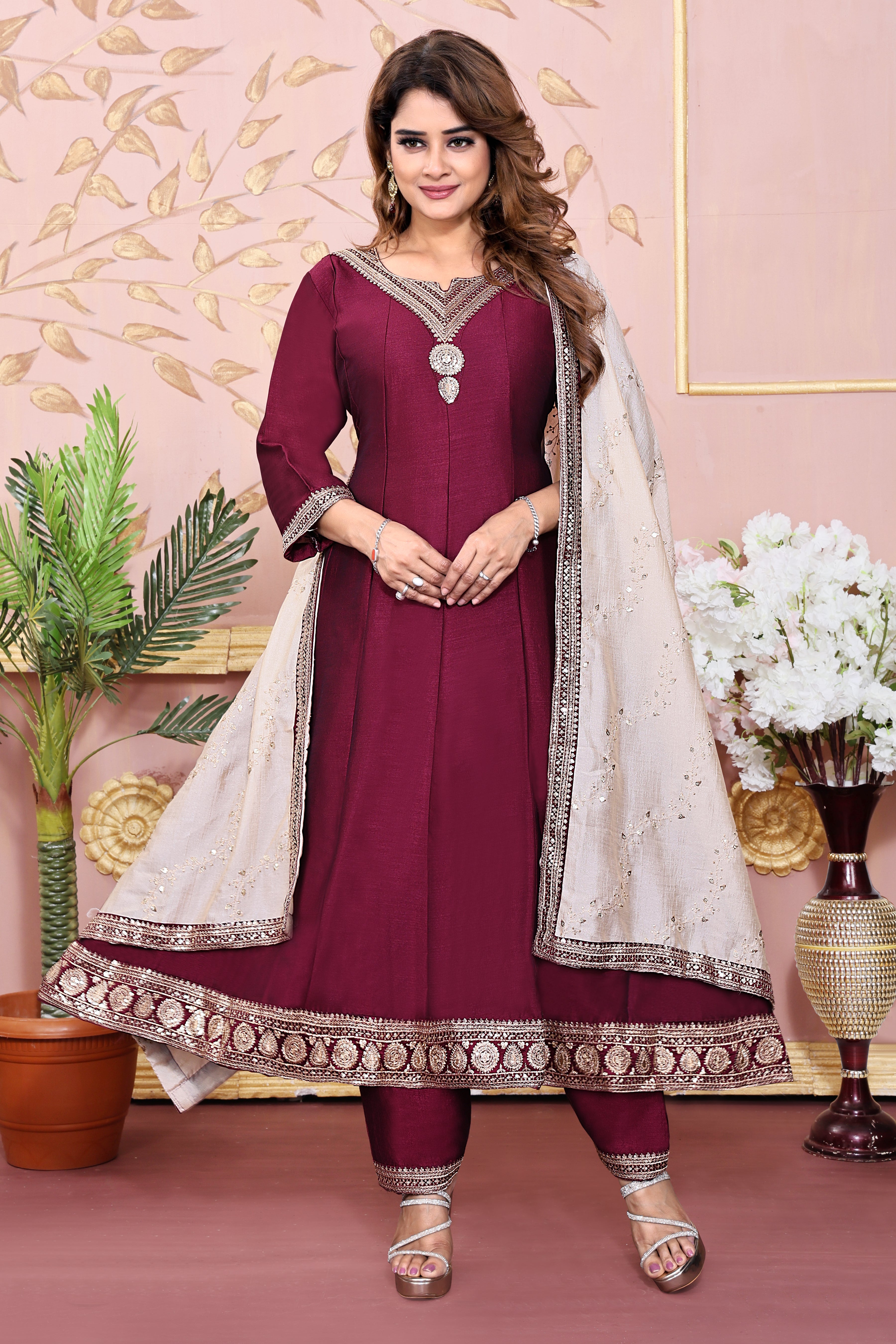 Maaron Embroidered Silk Anarkali Kurta With Dupatta Set