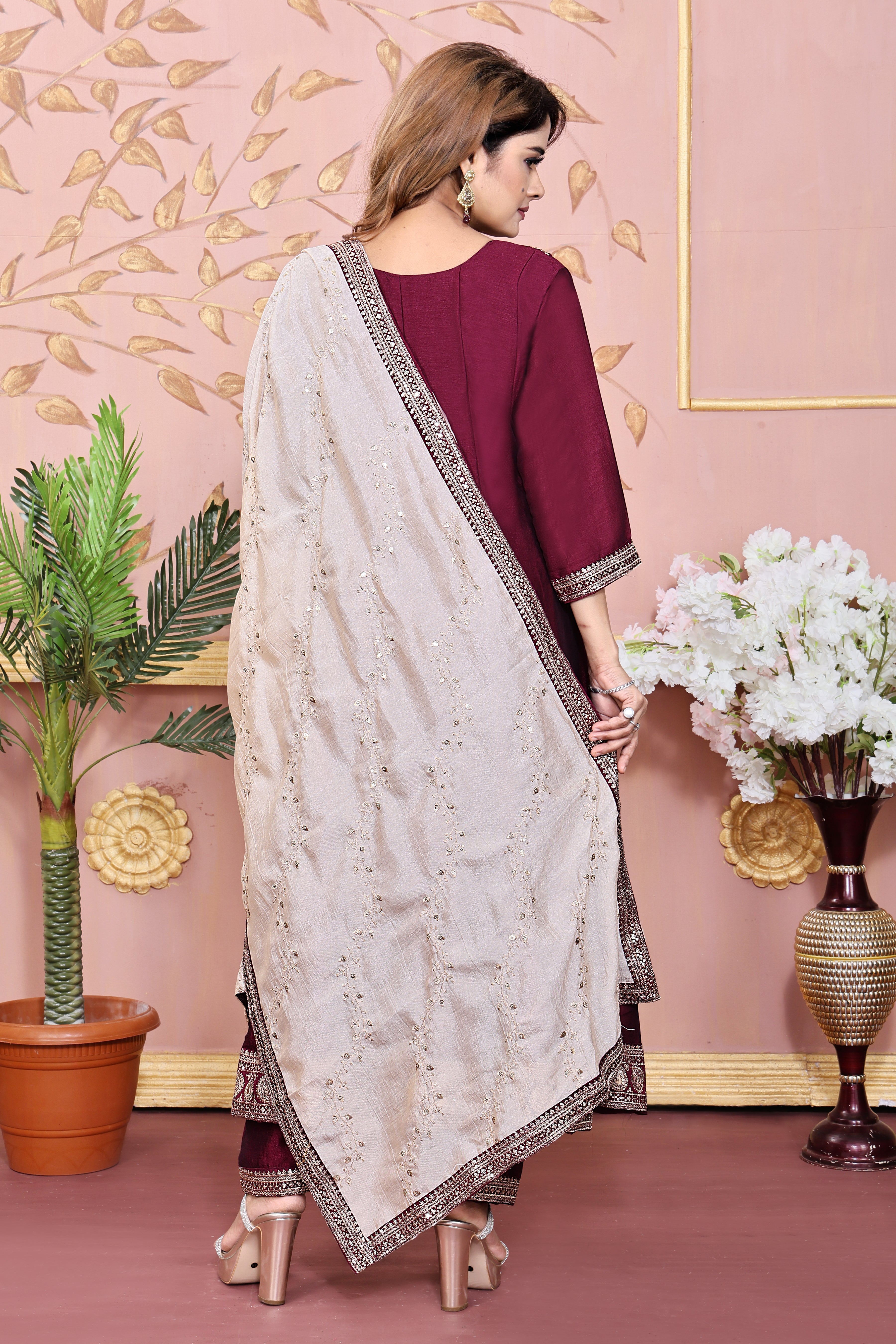 Maaron Embroidered Silk Anarkali Kurta With Dupatta Set